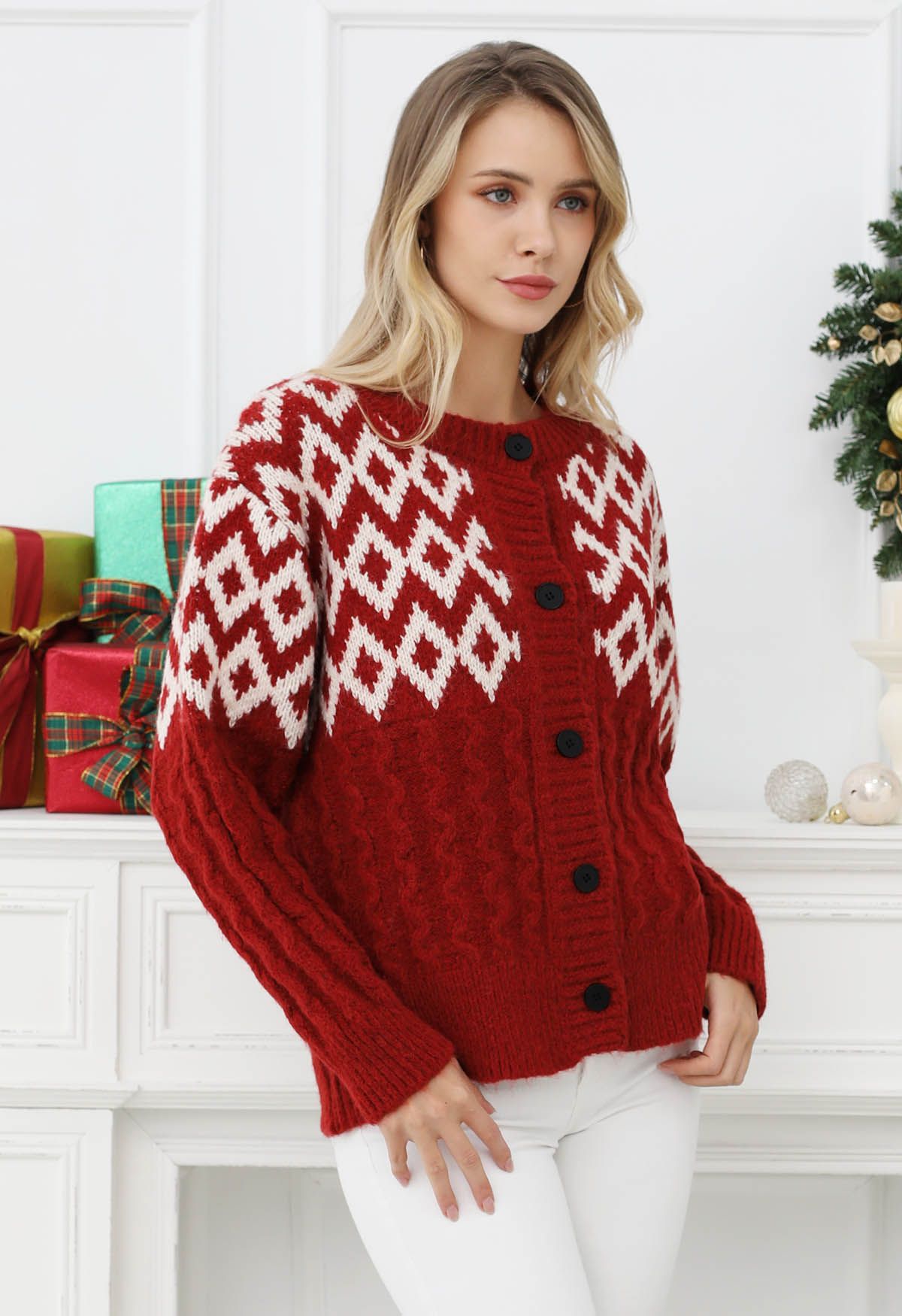 Festive Geometric Button Down Knit Cardigan in Red