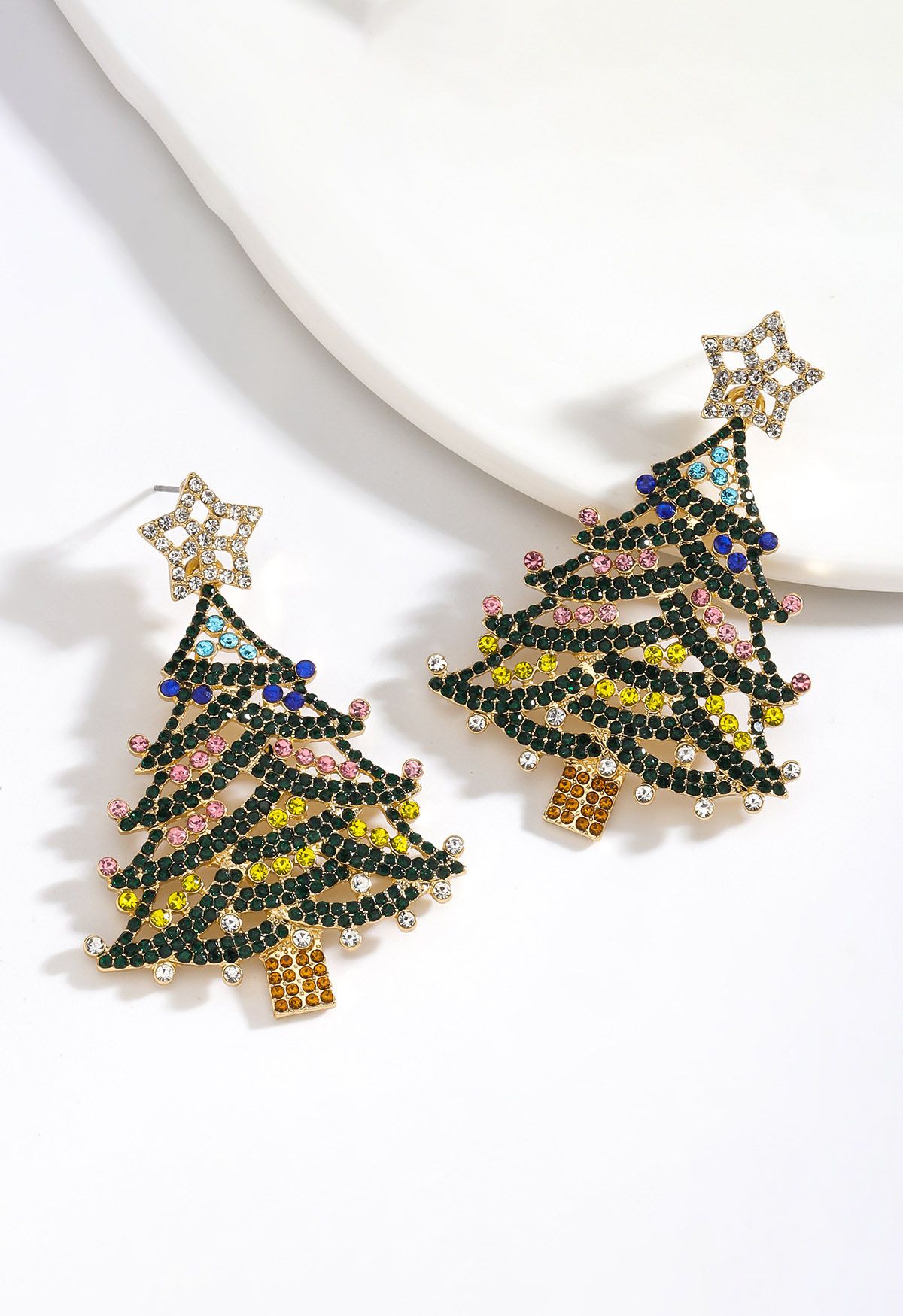 Star-Topped Christmas Tree Earrings in Dark Green