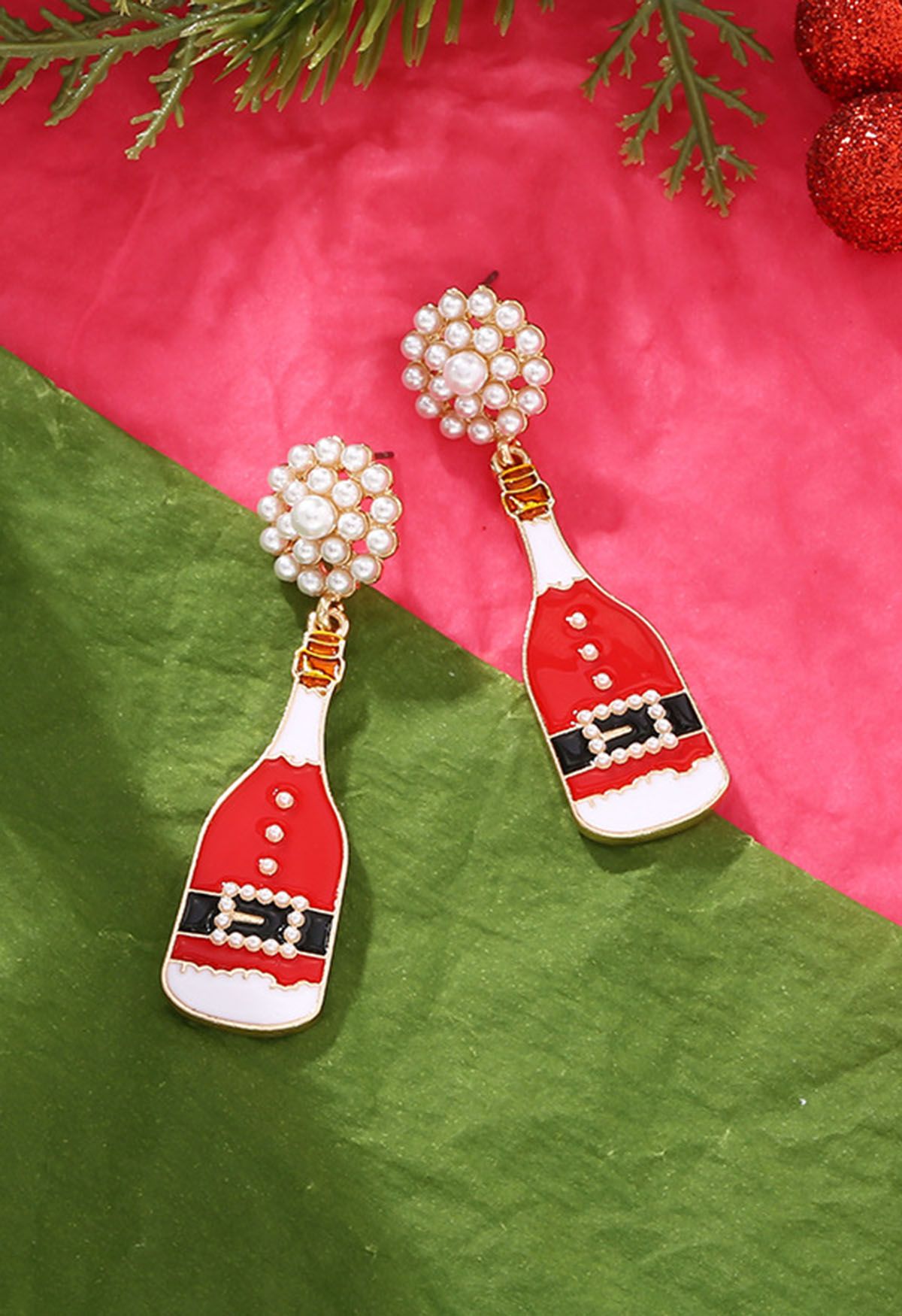 Pearl Champagne Bottle Enamel Earrings