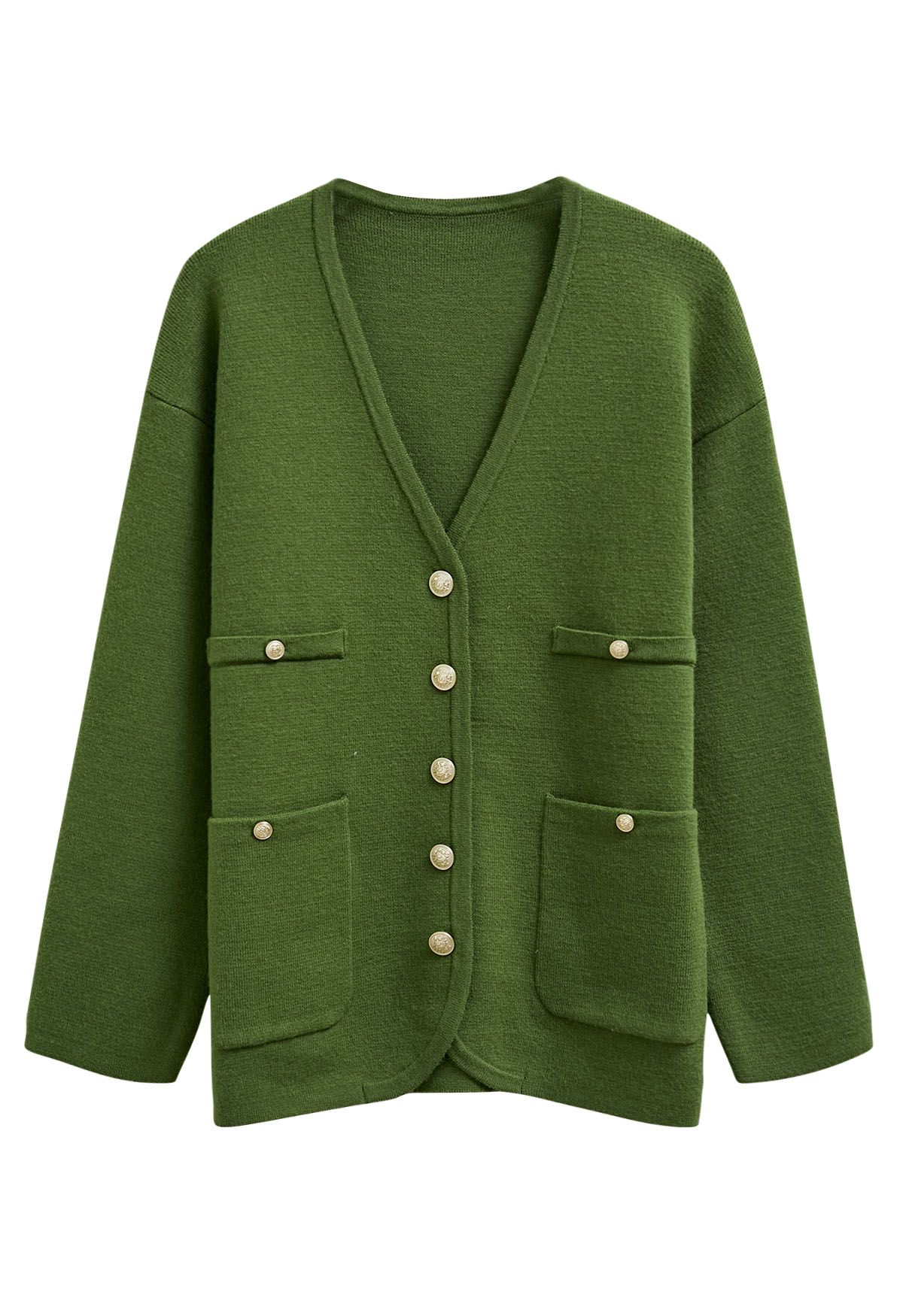 Impressive Patch Pocket Button Down Knit Cardigan in Green