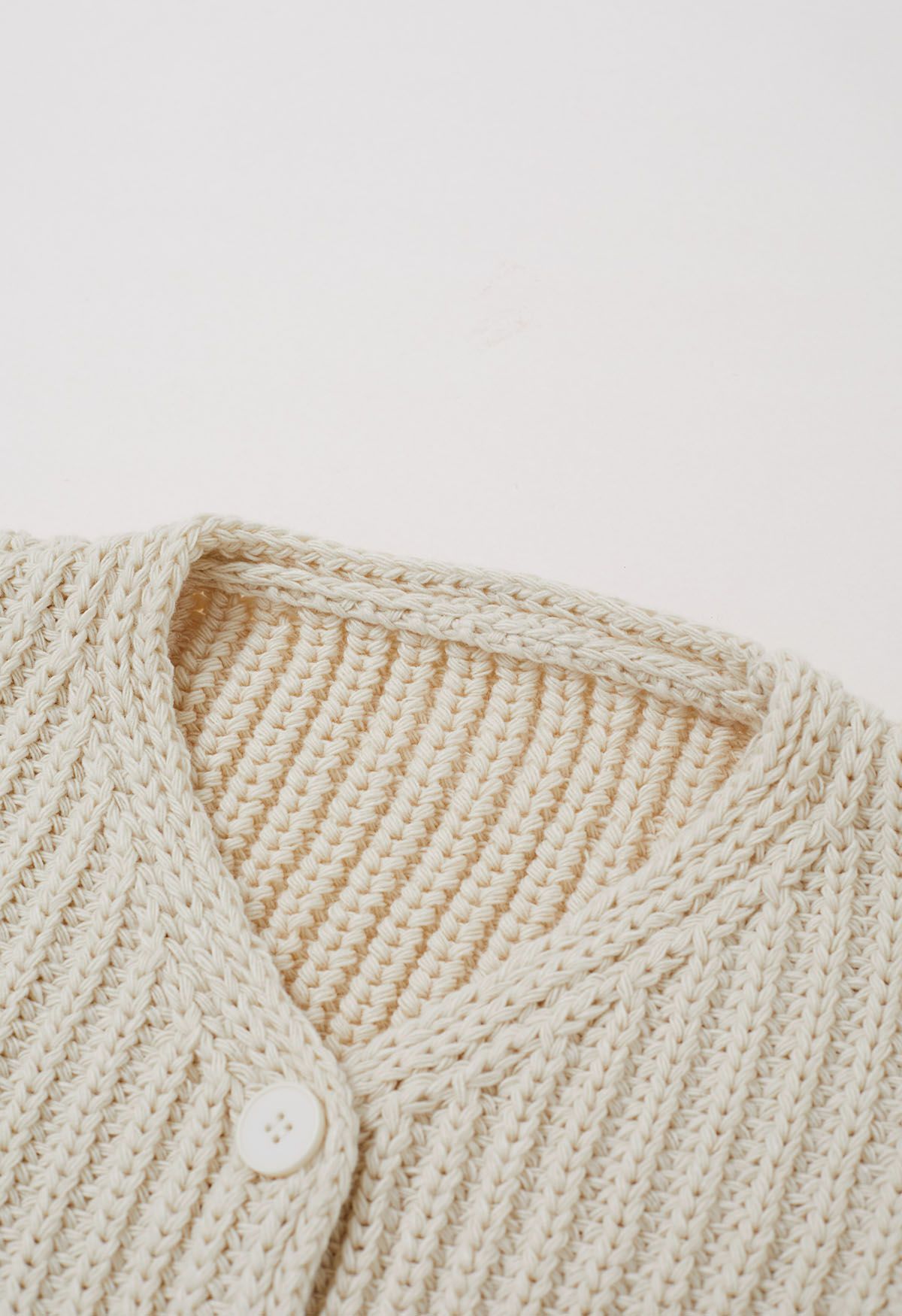 Hand-Knit Drop-Shoulder Buttoned Crop Cardigan in Ivory