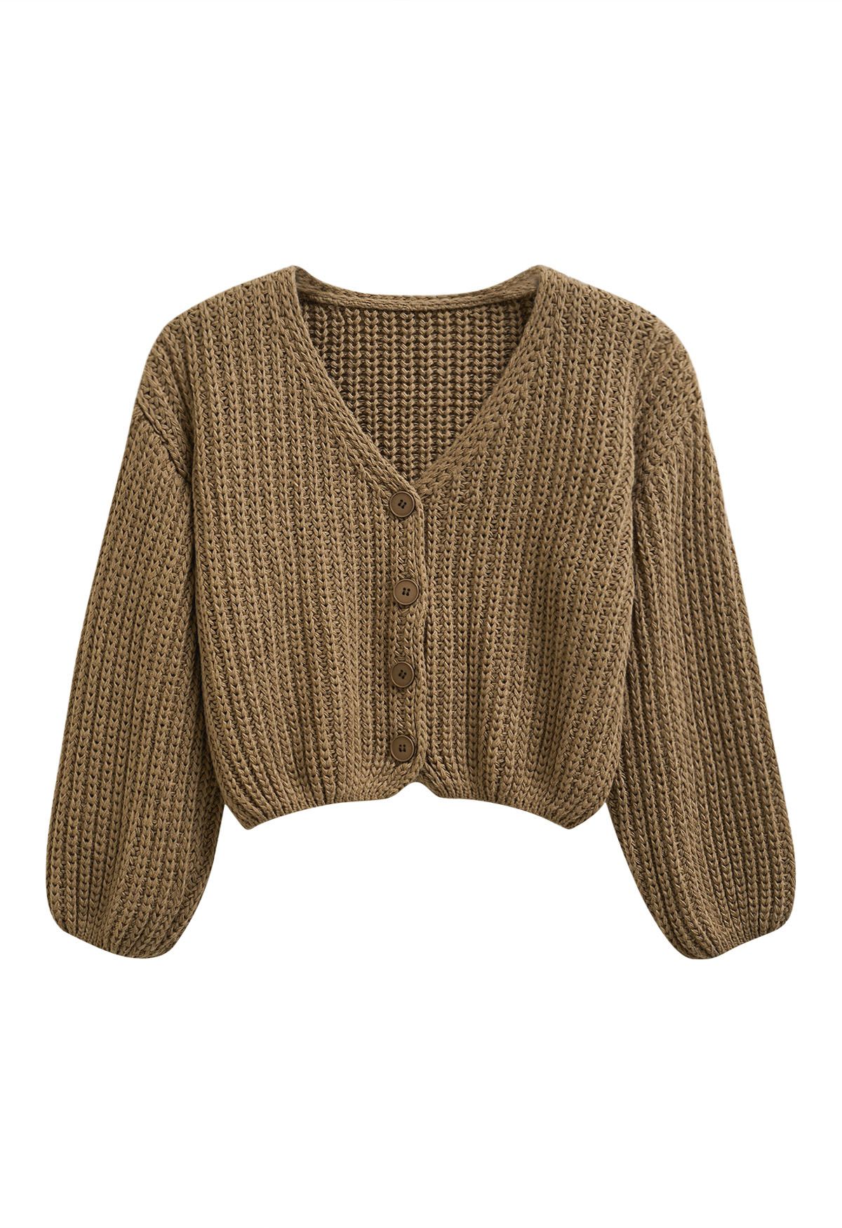 Hand-Knit Drop-Shoulder Buttoned Crop Cardigan in Khaki