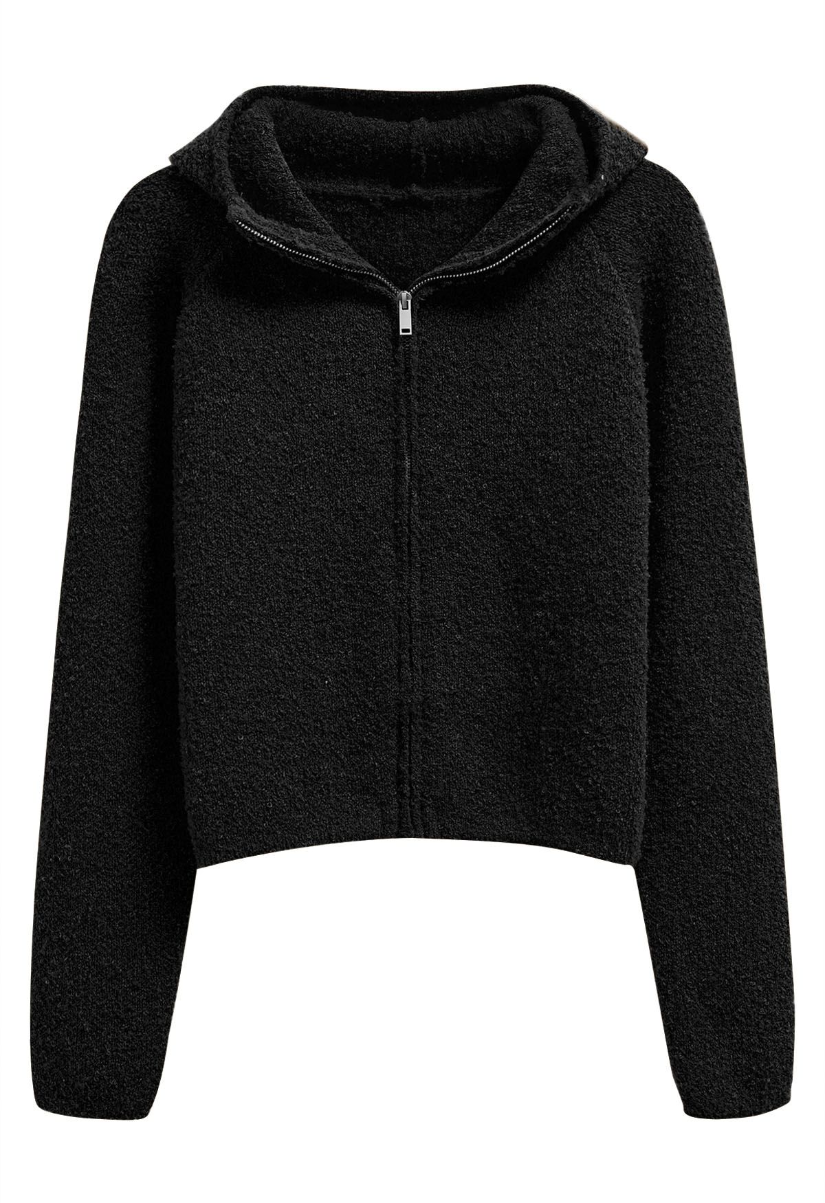 Winter Essentials Hooded Zip-Up Knit Cardigan in Black