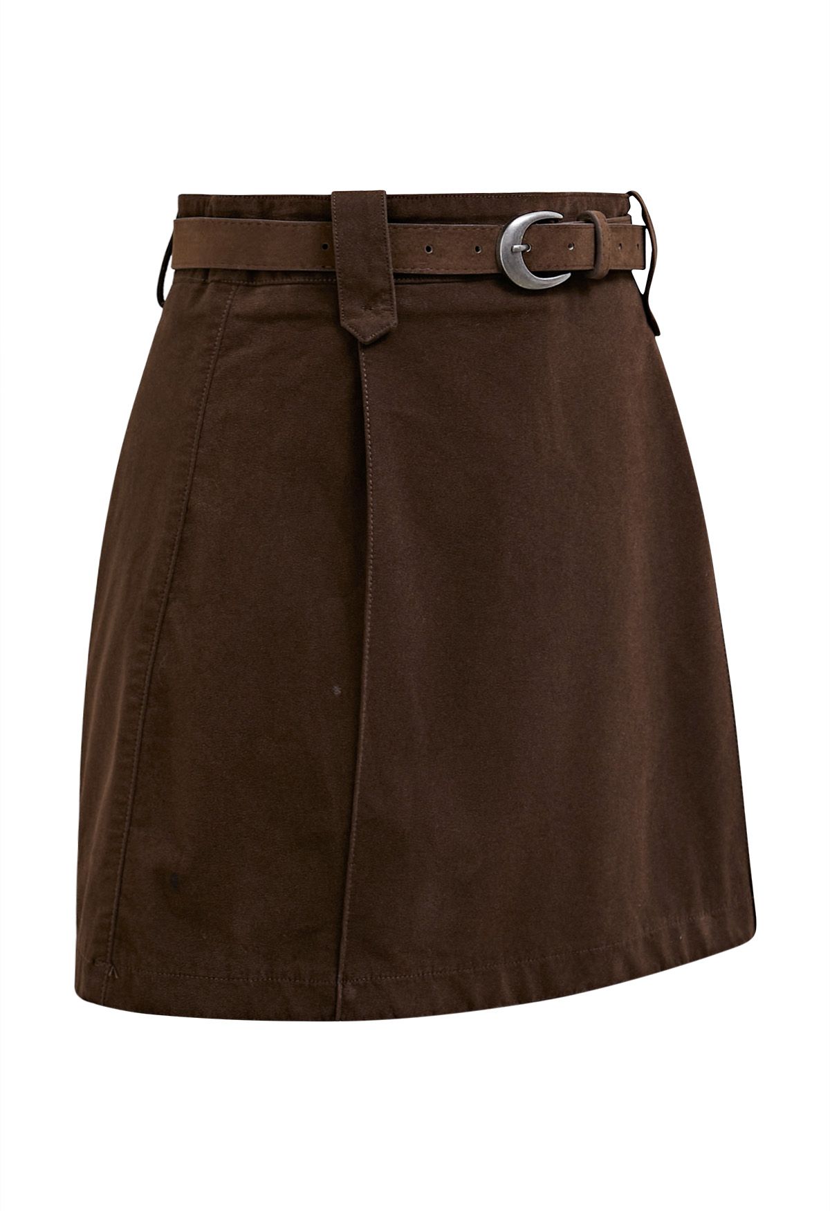 Time-Traveled Faux Suede Belted Mini Skirt in Brown