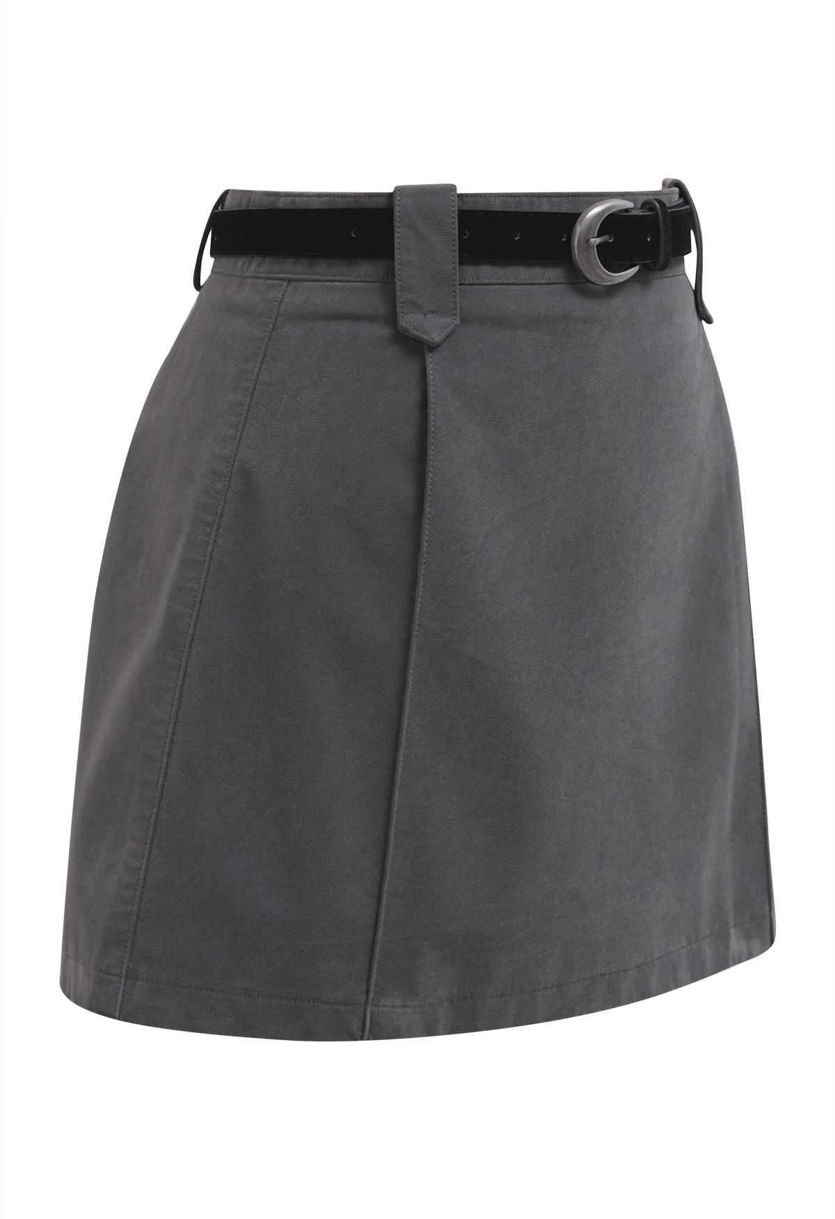 Time Traveled Faux Suede Belted Mini Skirt in Smoke