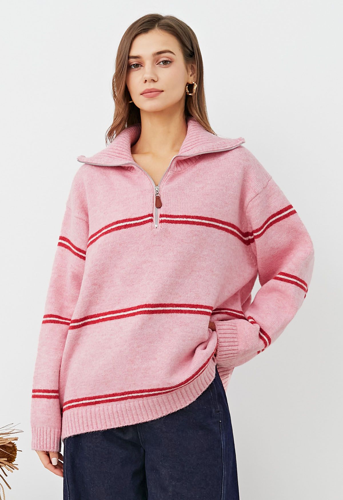 Sporty Stripes Half Zip Collar Knit Sweater in Pink Retro Indie and Unique Fashion