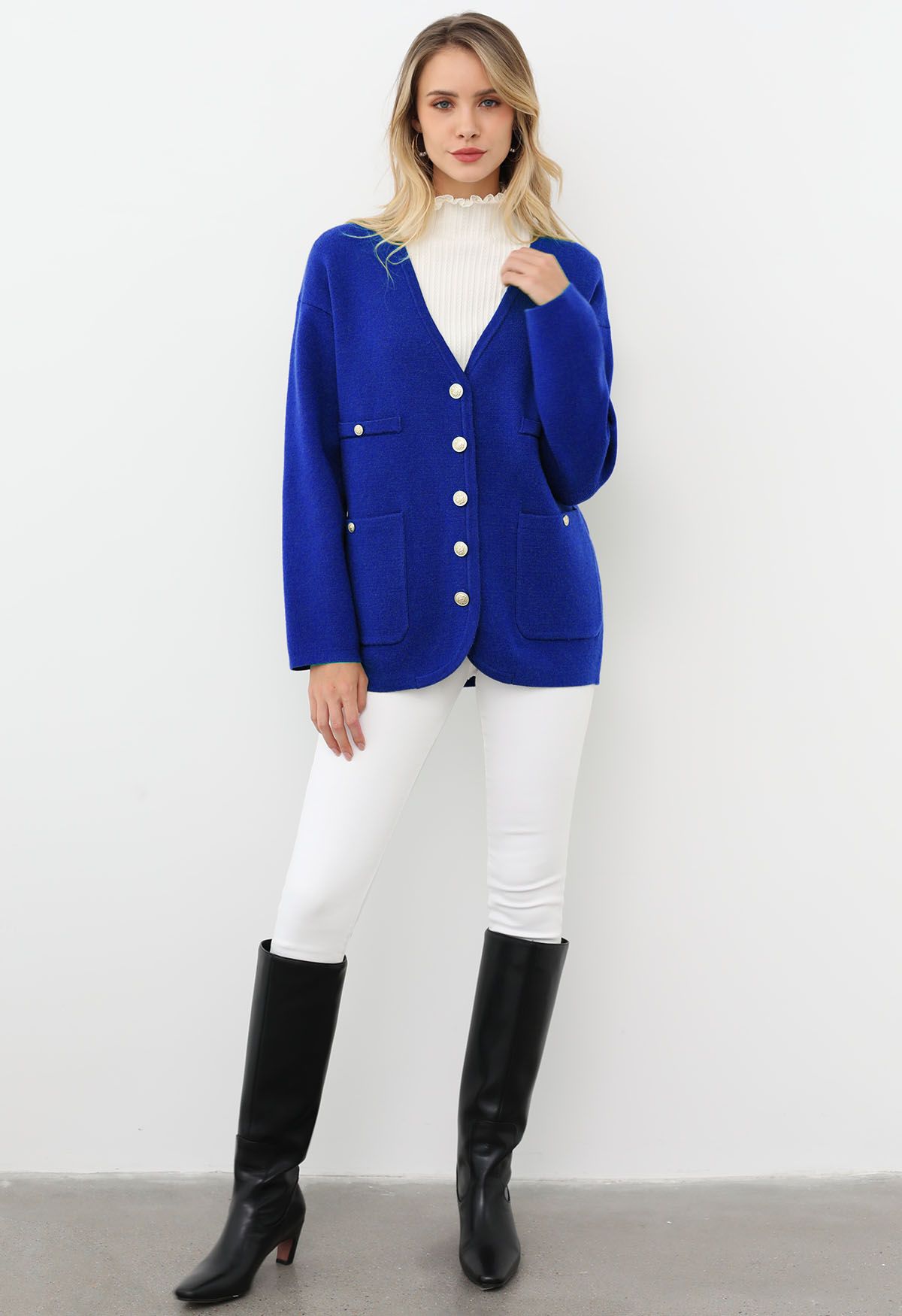 Impressive Patch Pocket Button Down Knit Cardigan in Royal Blue