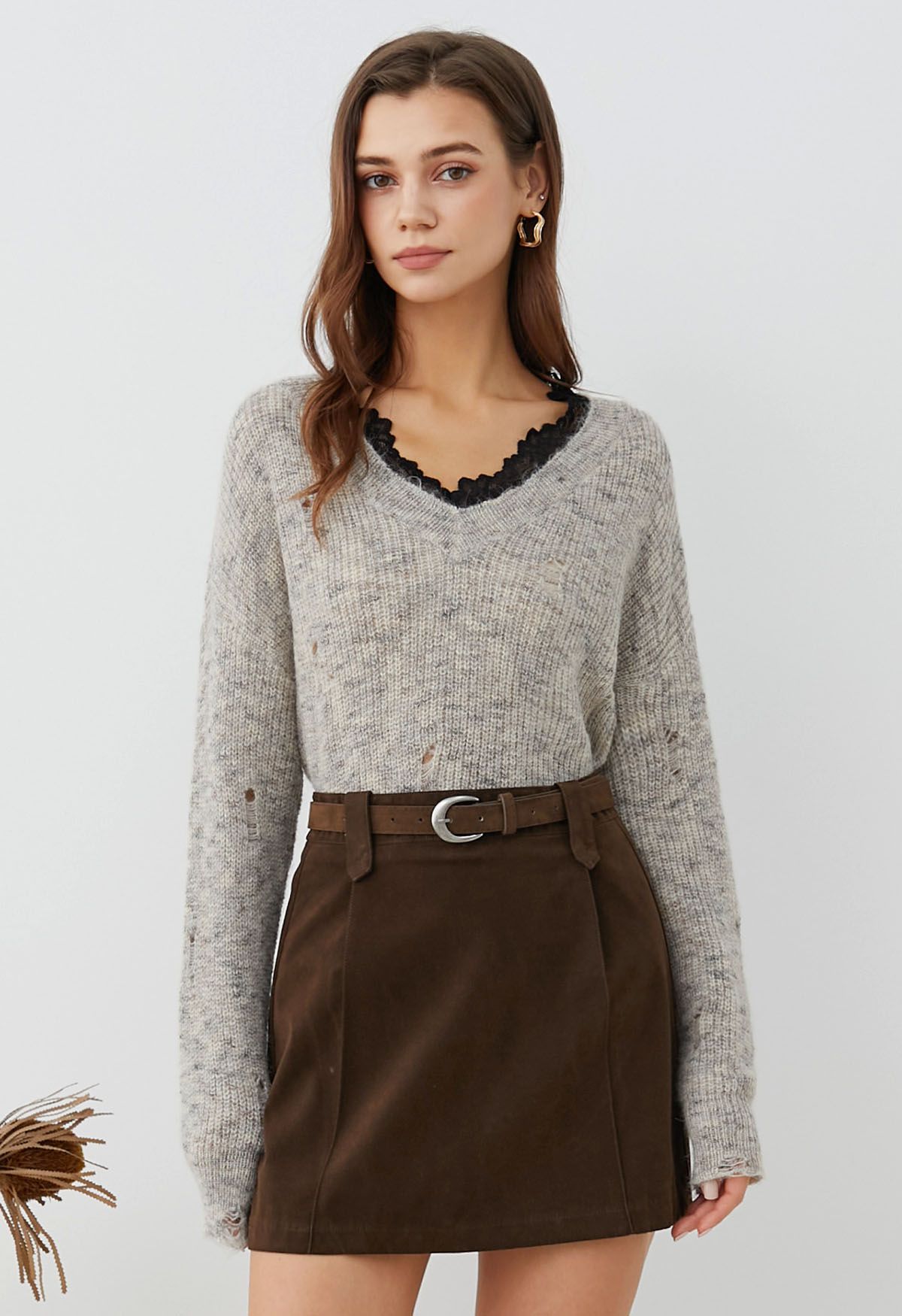 Time Traveled Faux Suede Belted Mini Skirt in Brown