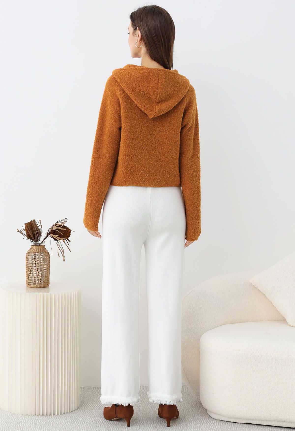 Winter Essentials Hooded Zip-Up Knit Cardigan in Orange