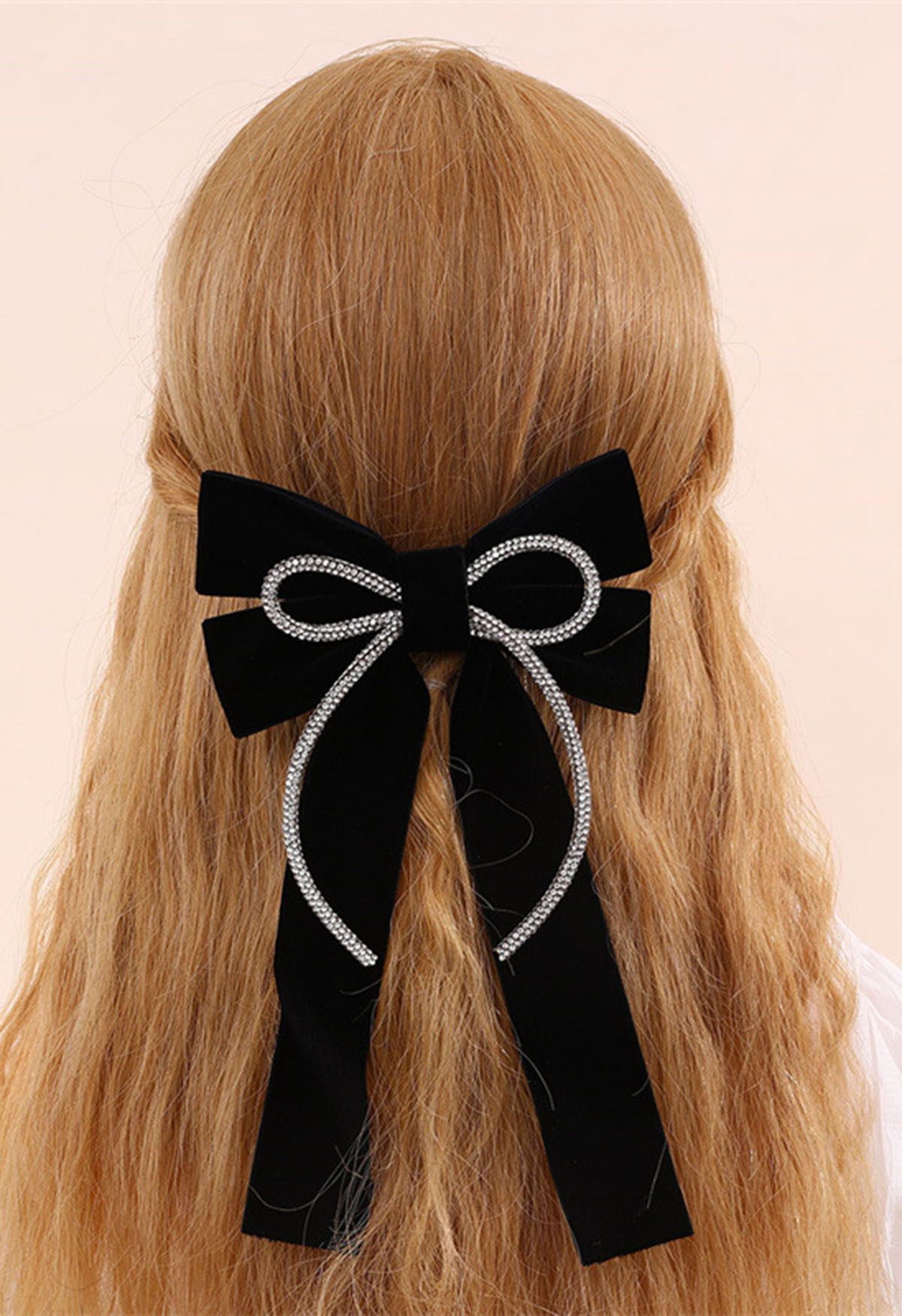 Rhinestone Decor Velvet Bowknot Hair Clip in Black