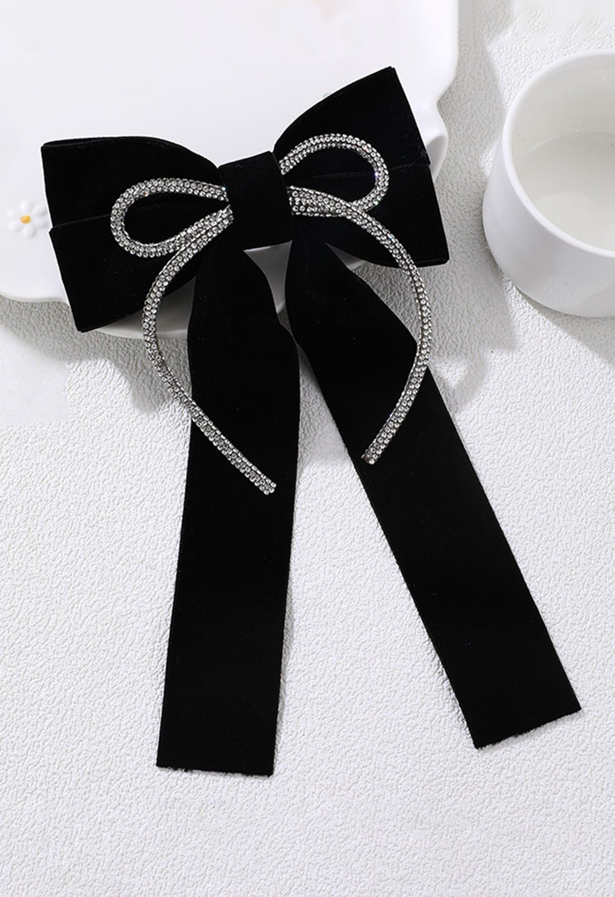 Rhinestone Decor Velvet Bowknot Hair Clip in Black