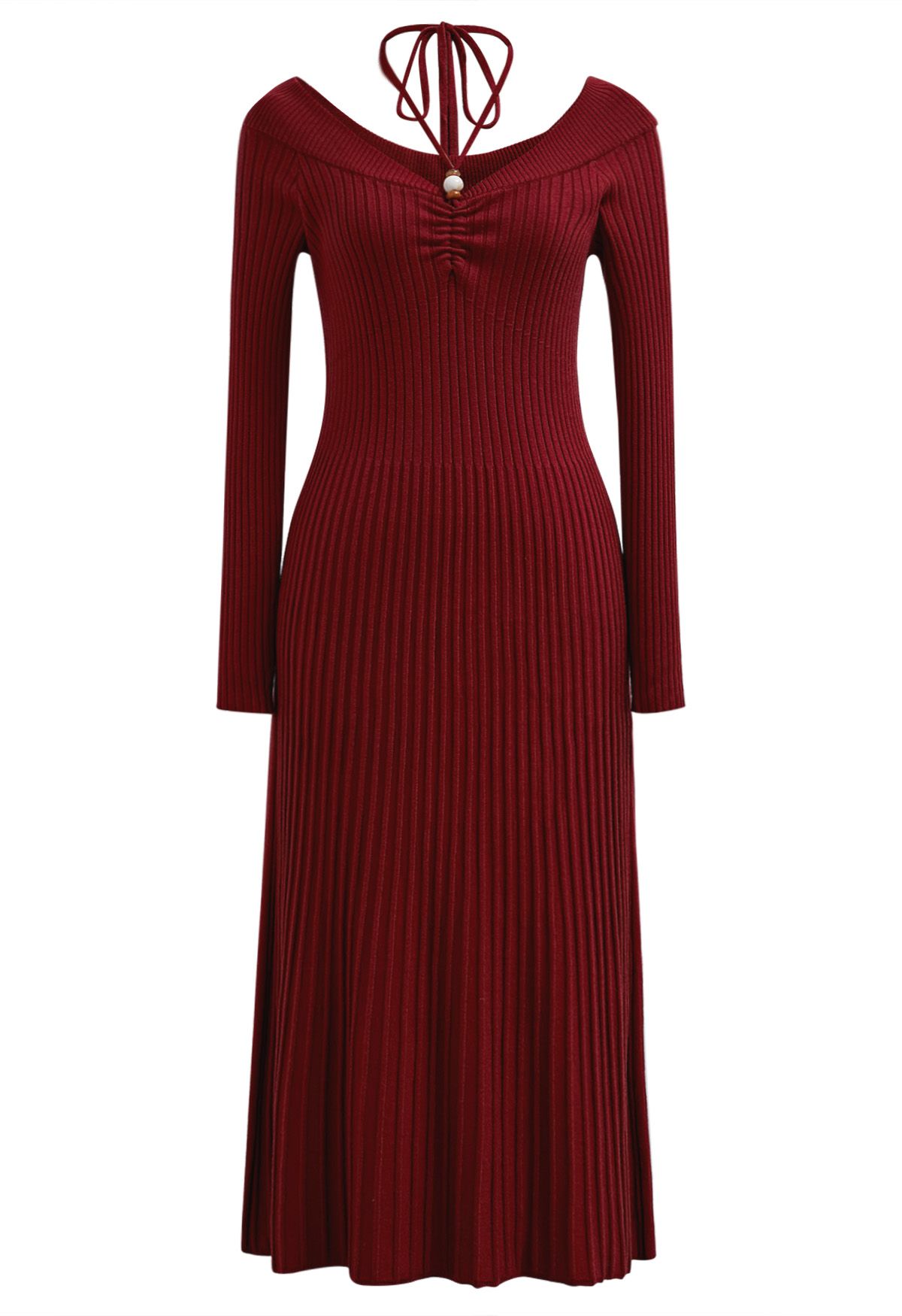 Self-Tie Halter Off-Shoulder Ribbed Knit Midi Dress in Red