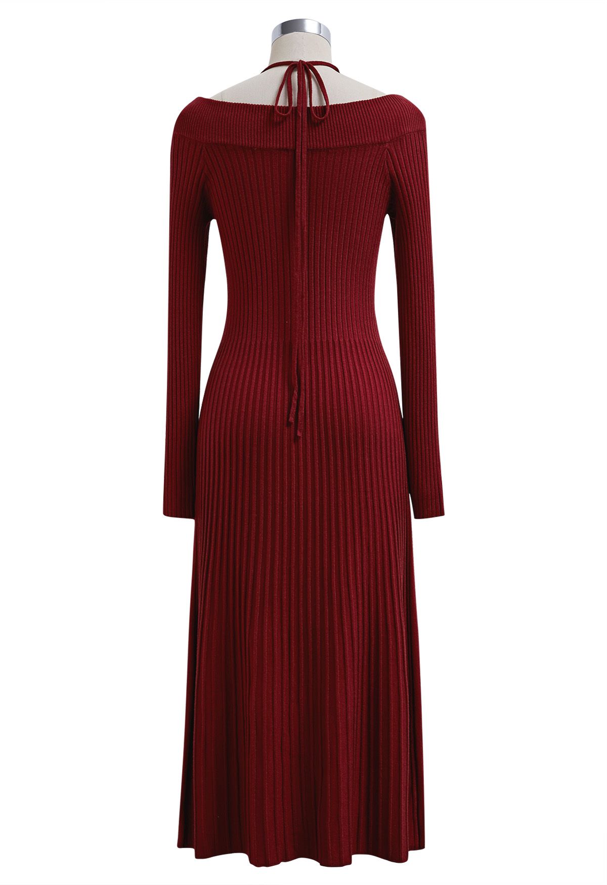 Self-Tie Halter Off-Shoulder Ribbed Knit Midi Dress in Red