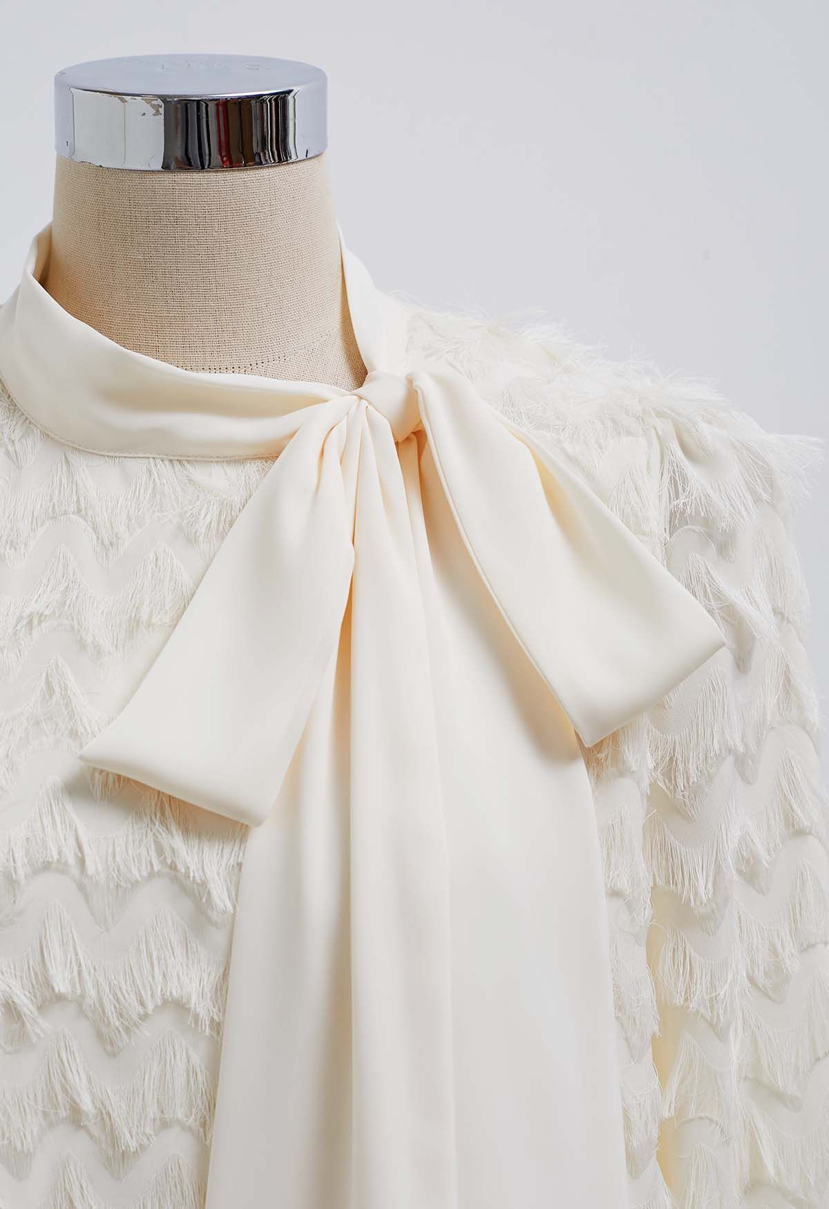 Satin Bowknot Wavy Tassel Overlay Shirt in Cream