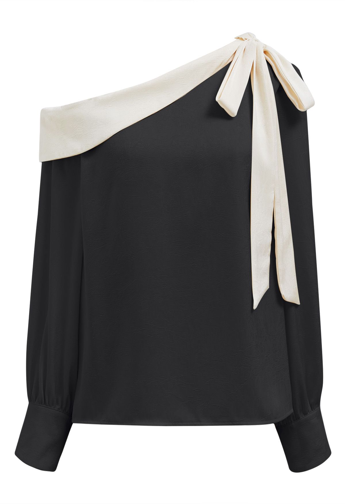 One-Shoulder Bowknot Contrast Flap Satin Top in Black