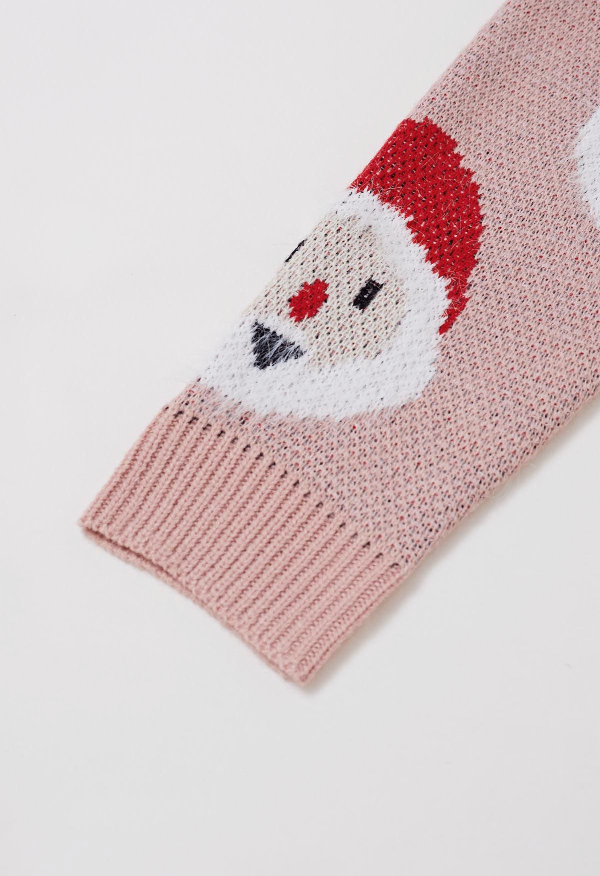 Fuzzy Santa Claus Button Down Knit Cardigan in Pink