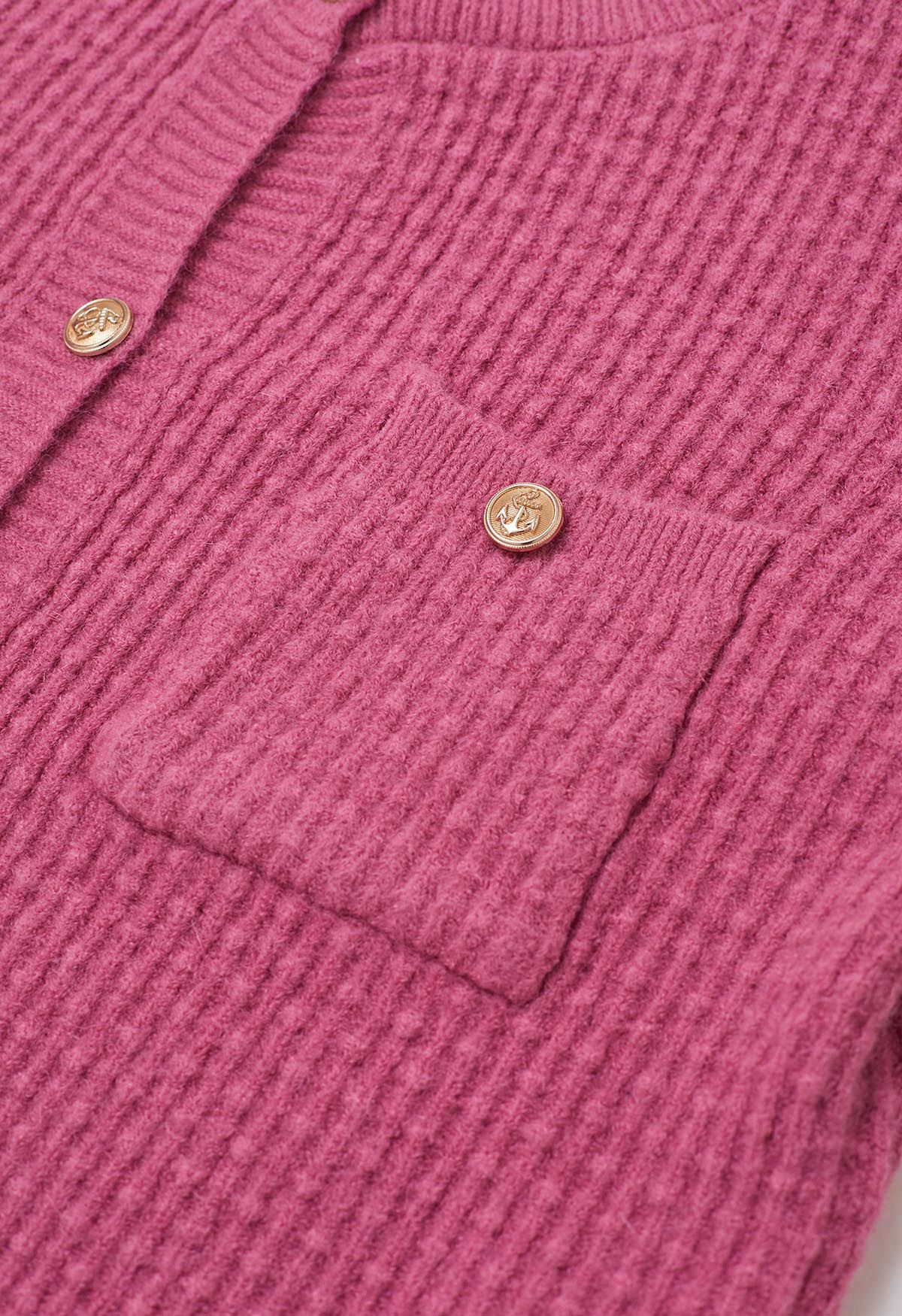 Embossed Dots Patch Pocket Buttoned Knit Cardigan in Pink