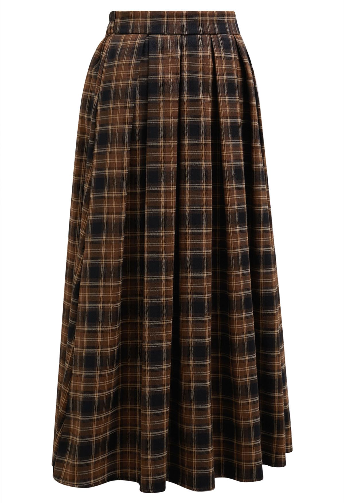 Iconic Aspect Plaid Pattern Pleated Midi Skirt Orange S M