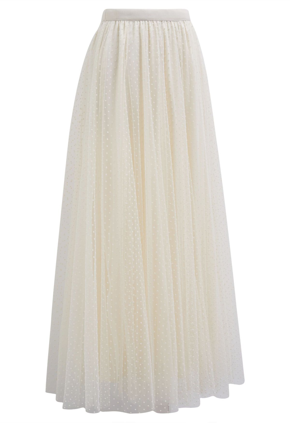 Flock Dots Double-Layered Mesh Tulle Maxi Skirt in Cream