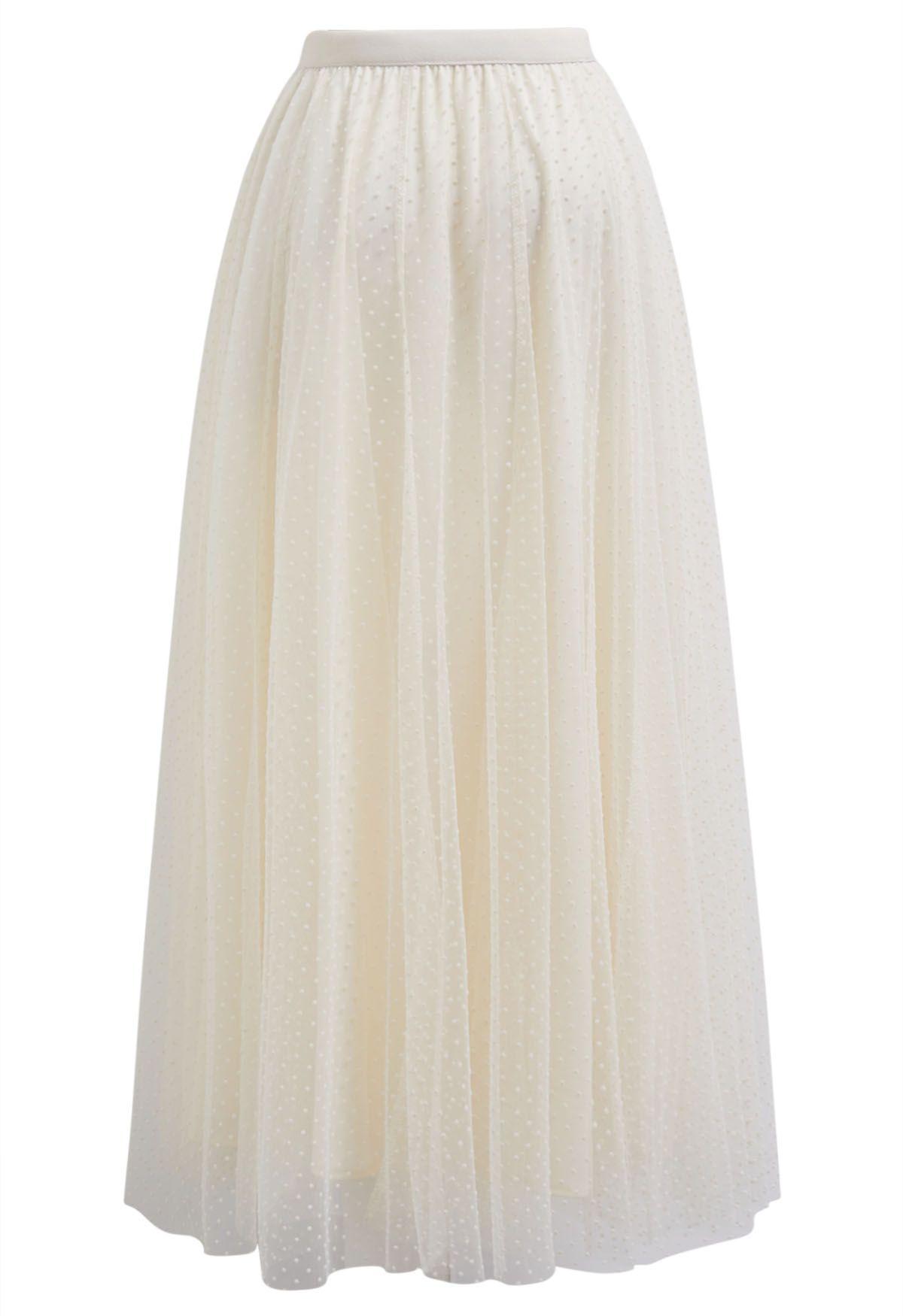 Flock Dots Double-Layered Mesh Tulle Maxi Skirt in Cream