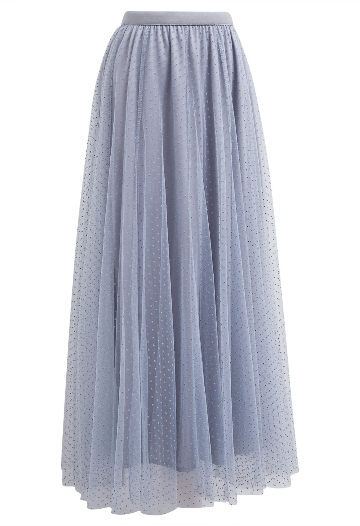 Flock Dots Double-Layered Mesh Tulle Maxi Skirt in Dusty Blue