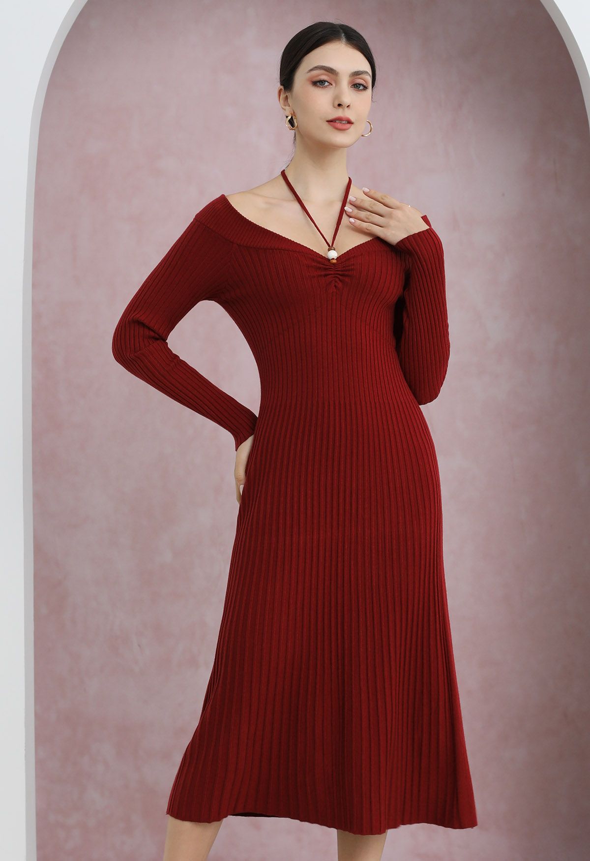 Self Tie Halter Off Shoulder Ribbed Knit Midi Dress in Red