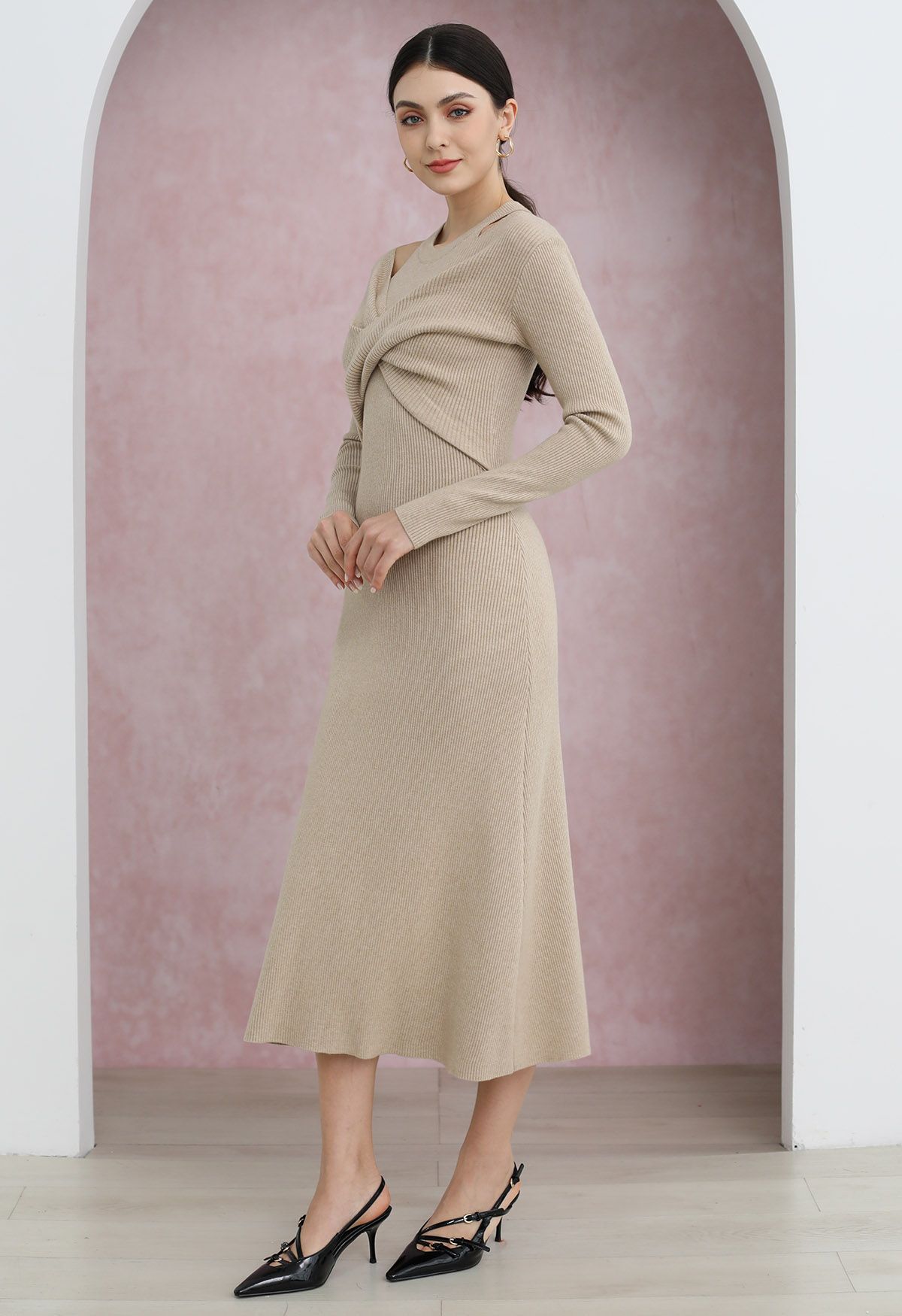 Cutout Shoulders Cross Front Knit Midi Dress in Sand