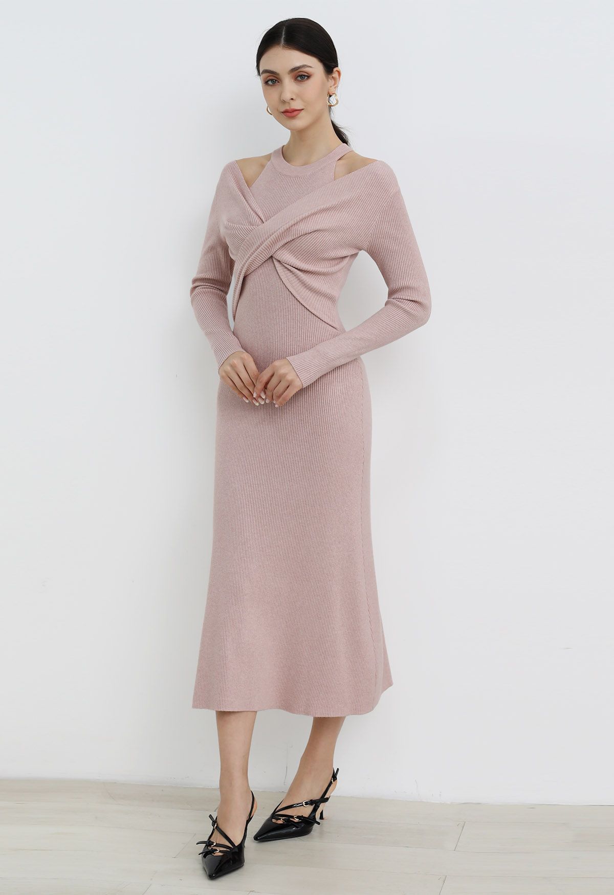 Cutout Shoulders Cross Front Knit Midi Dress in Pink