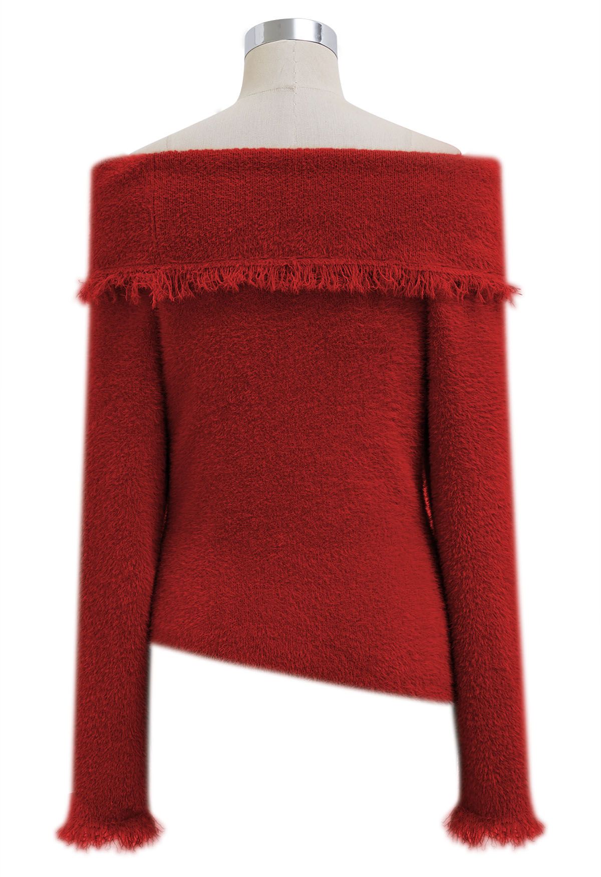 Tassel Folded Off-Shoulder Fuzzy Knit Top in Red