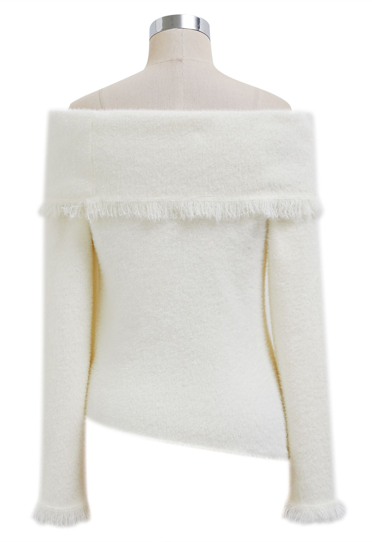 Tassel Folded Off-Shoulder Fuzzy Knit Top in Ivory