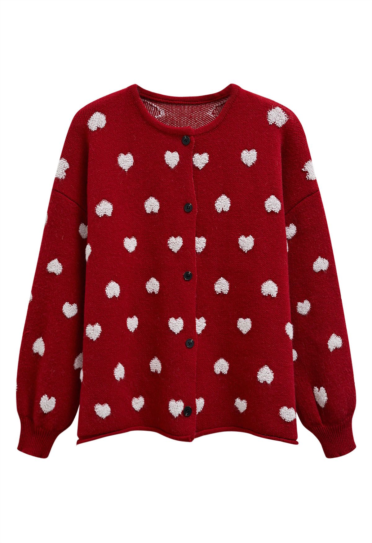 Fuzzy Heart Jacquard Knit Button Cardigan in Red