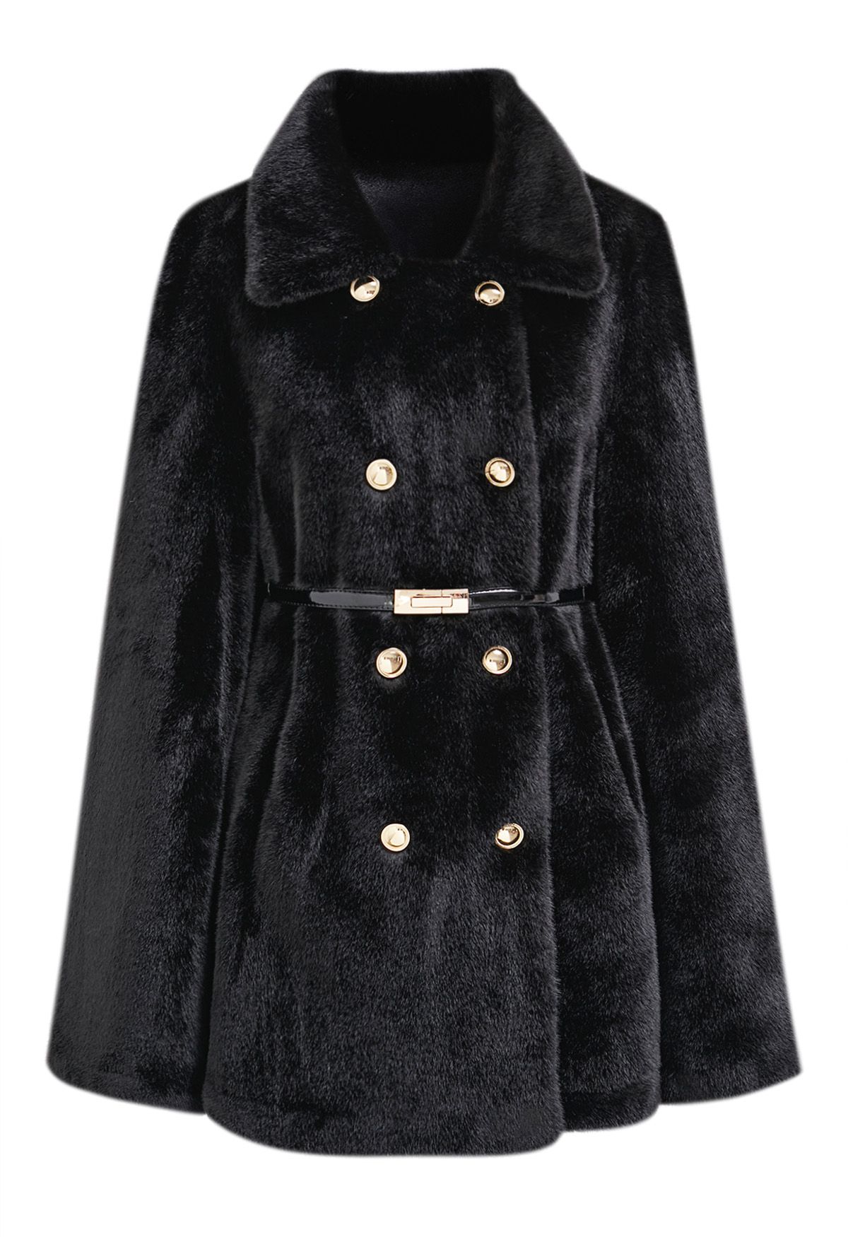 Collared Double-Breasted Faux Fur Cape Coat in Black