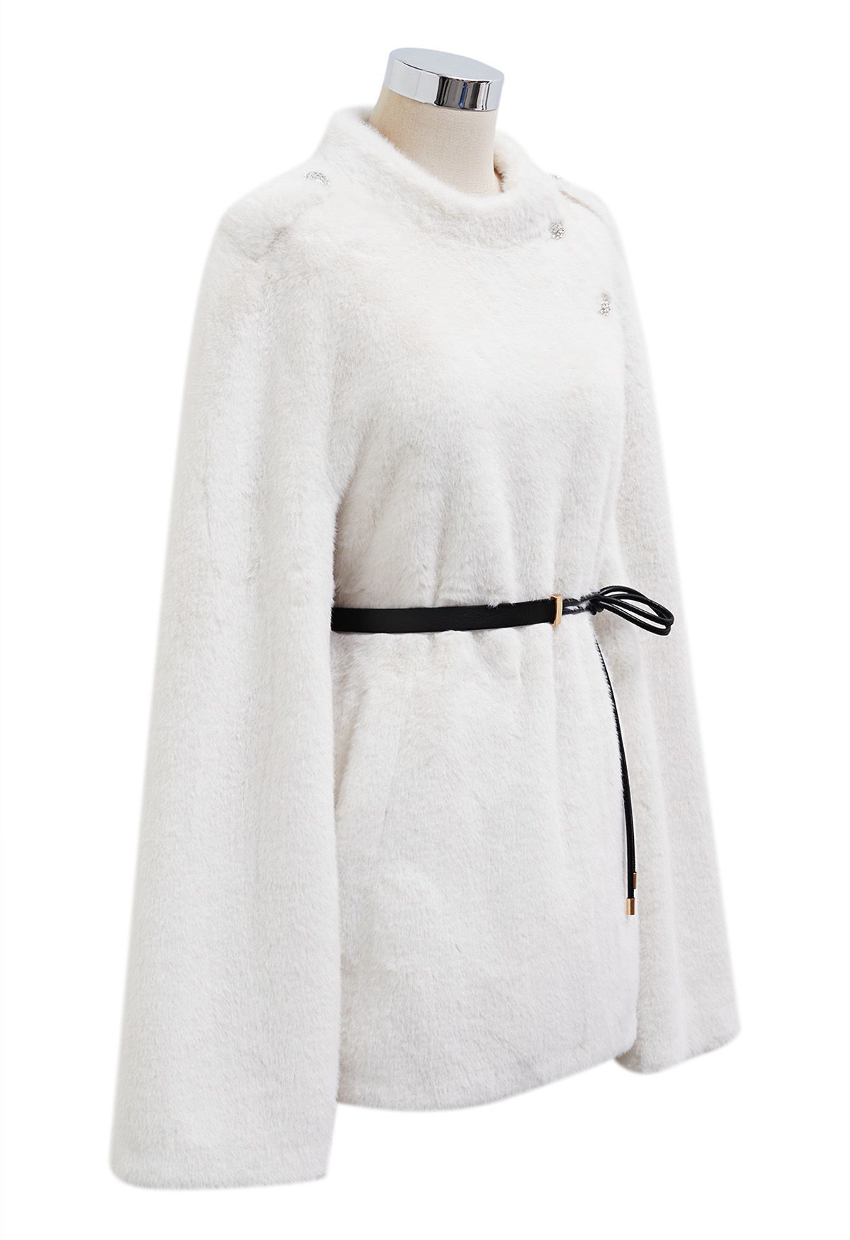 Rhinestone Button Wrap Faux Fur Cape Coat in Ivory