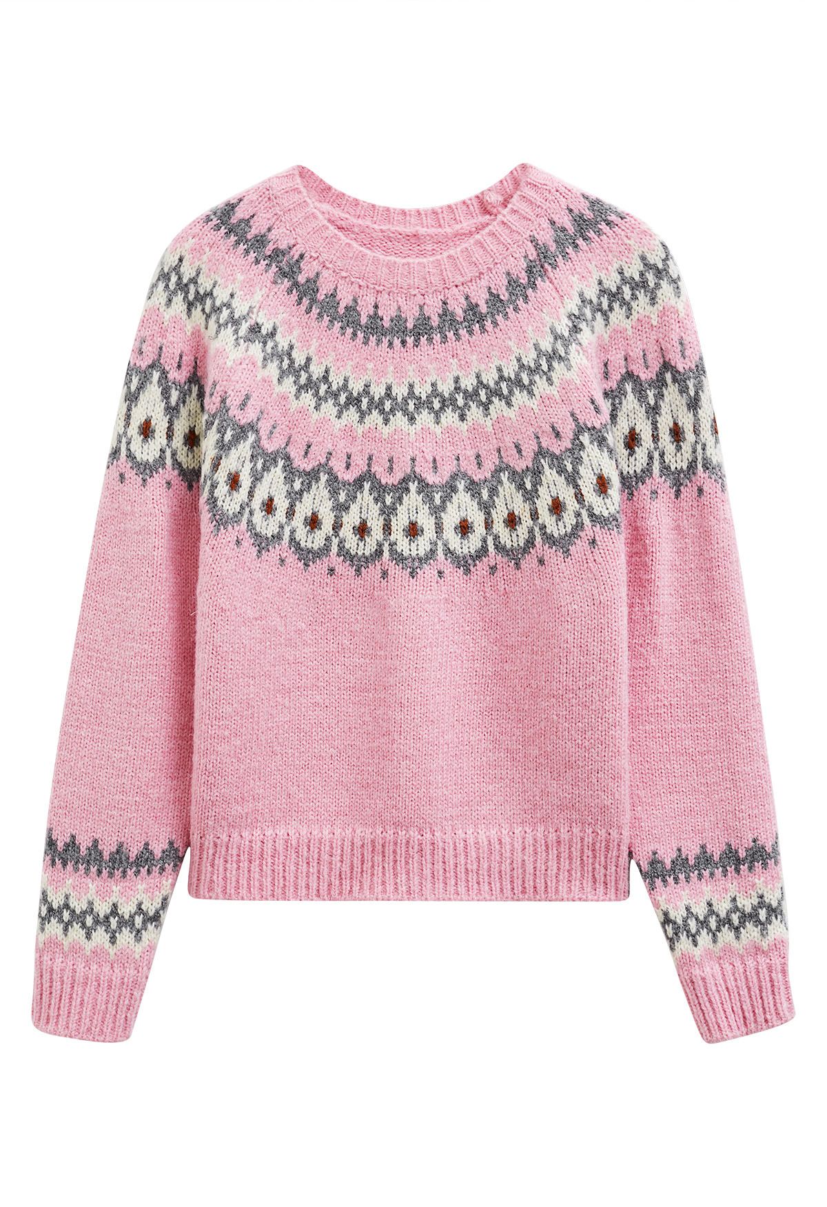 Playful Waterdrop Fair Isle Knit Sweater in Pink