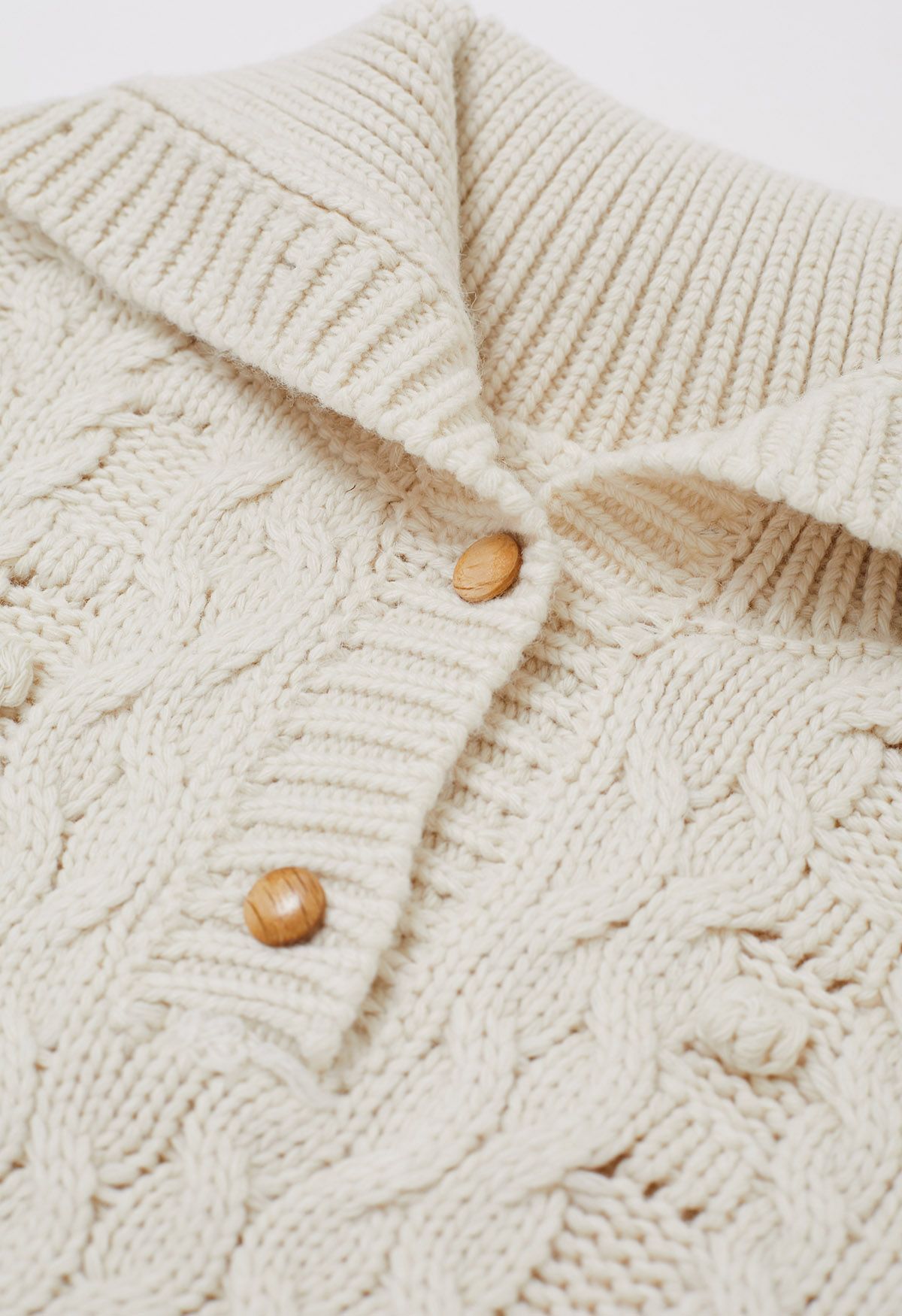 Button Neck Pom Pom Chunky Cable Knit Sweater in Ivory