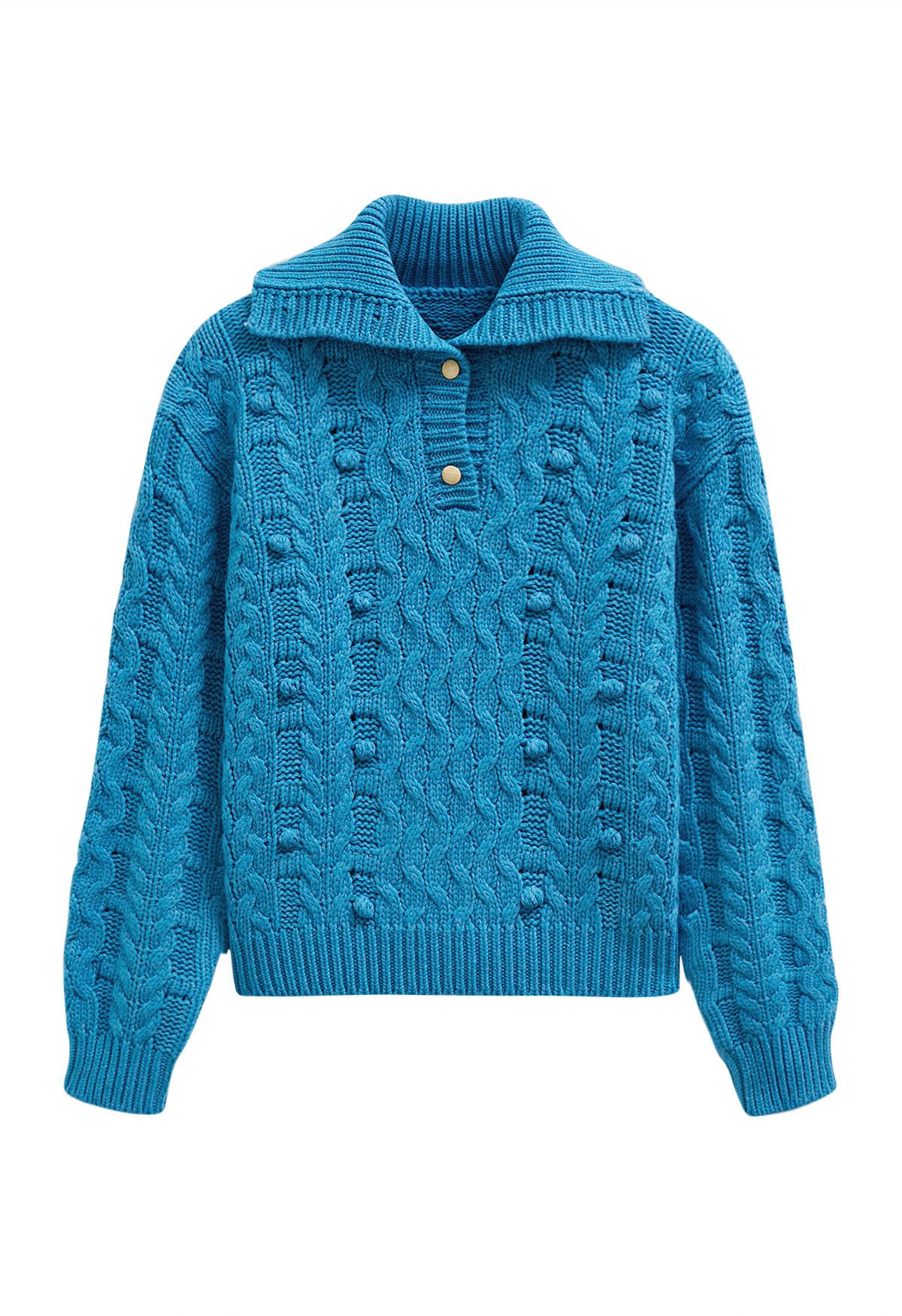 Button Neck Pom Pom Chunky Cable Knit Sweater in Blue