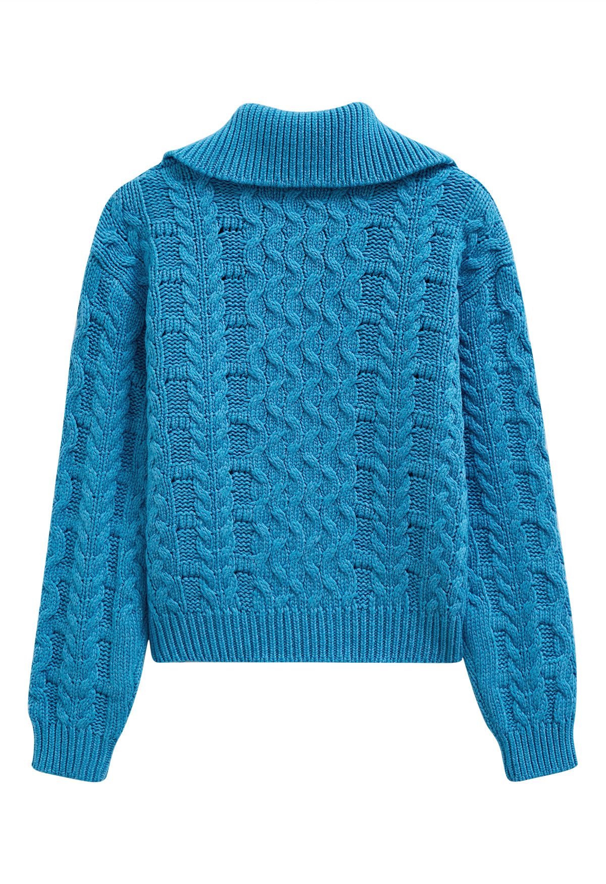 Button Neck Pom Pom Chunky Cable Knit Sweater in Blue