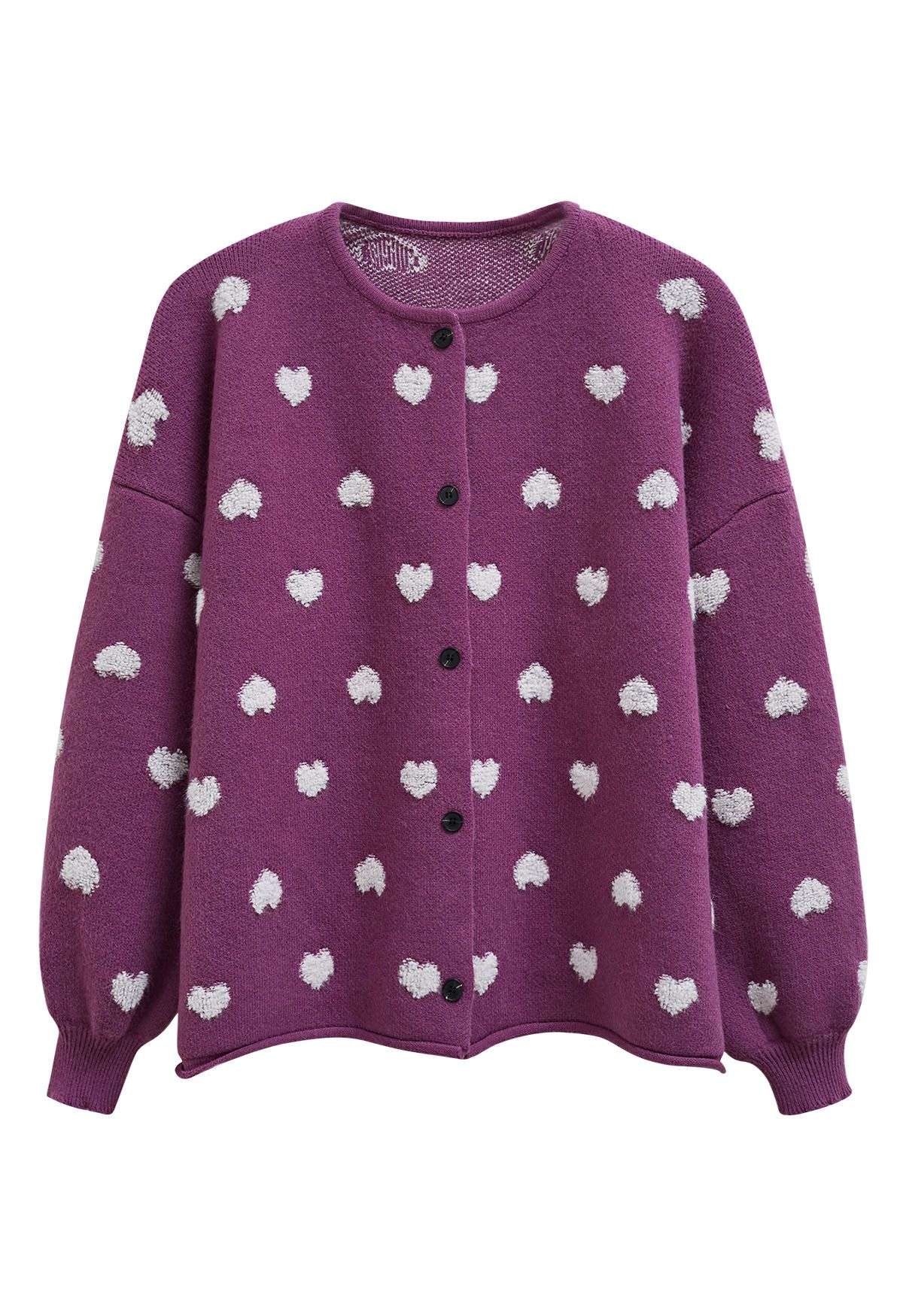 Fuzzy Heart Jacquard Knit Button Cardigan in Violet