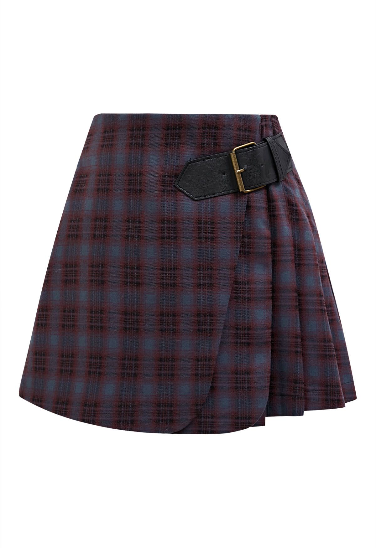 Double Flaps Plaid Belted Pleated Mini Skirt in Plum