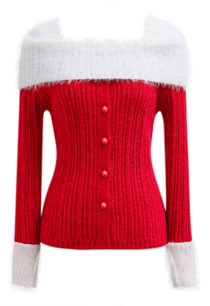 Contrast Fuzzy Folded Shoulder Button Knit Top in Red