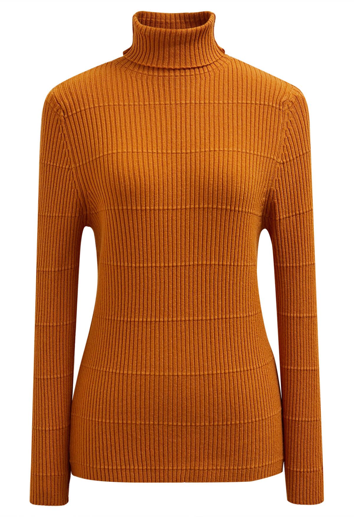 Softness Turtleneck Ribbed Texture Knit Top in Orange Retro Indie and Unique Fashion