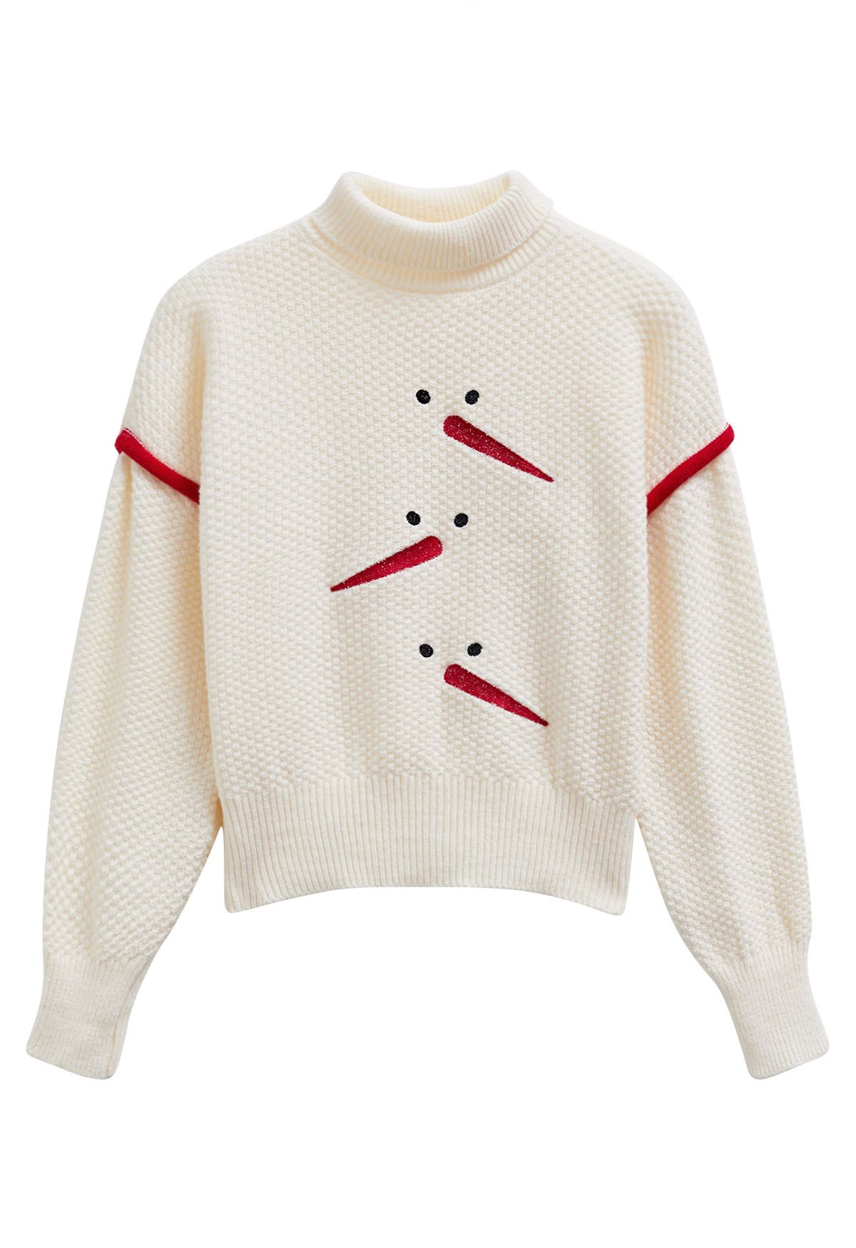 Playful Snowman Embroidery Turtleneck Waffle Knit Sweater