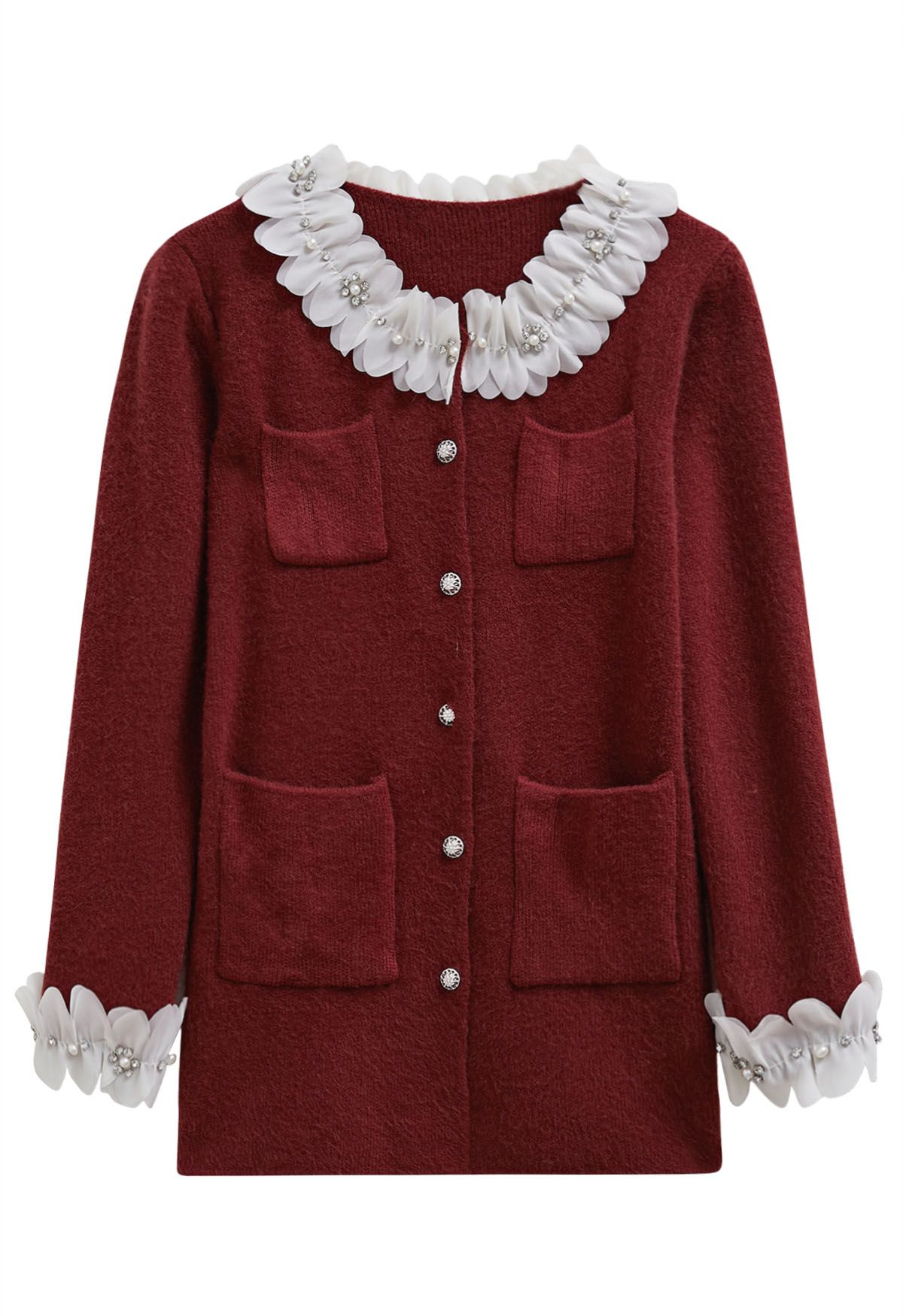 3D Petal Neckline Patch Pocket Knit Cardigan in Burgundy