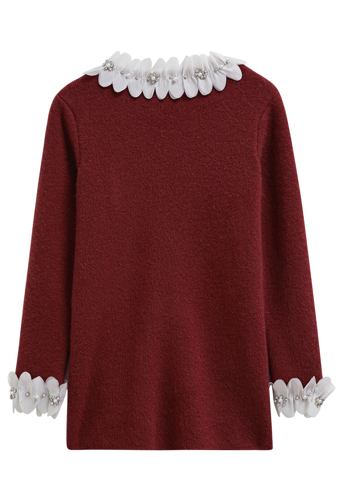 3D Petal Neckline Patch Pocket Knit Cardigan in Burgundy