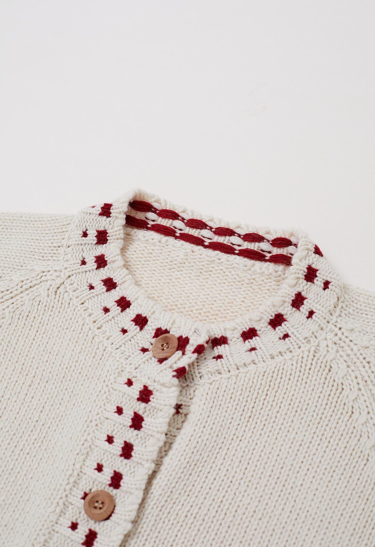 Contrast Stitch Wooden Button Knit Cardigan