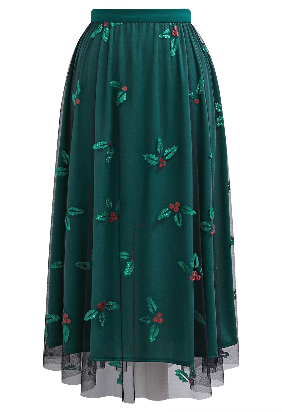 Joyful Holly Mesh Tulle Midi Skirt in Dark Green