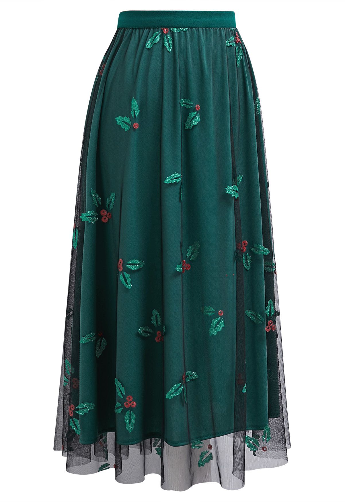 Joyful Holly Mesh Tulle Midi Skirt in Dark Green