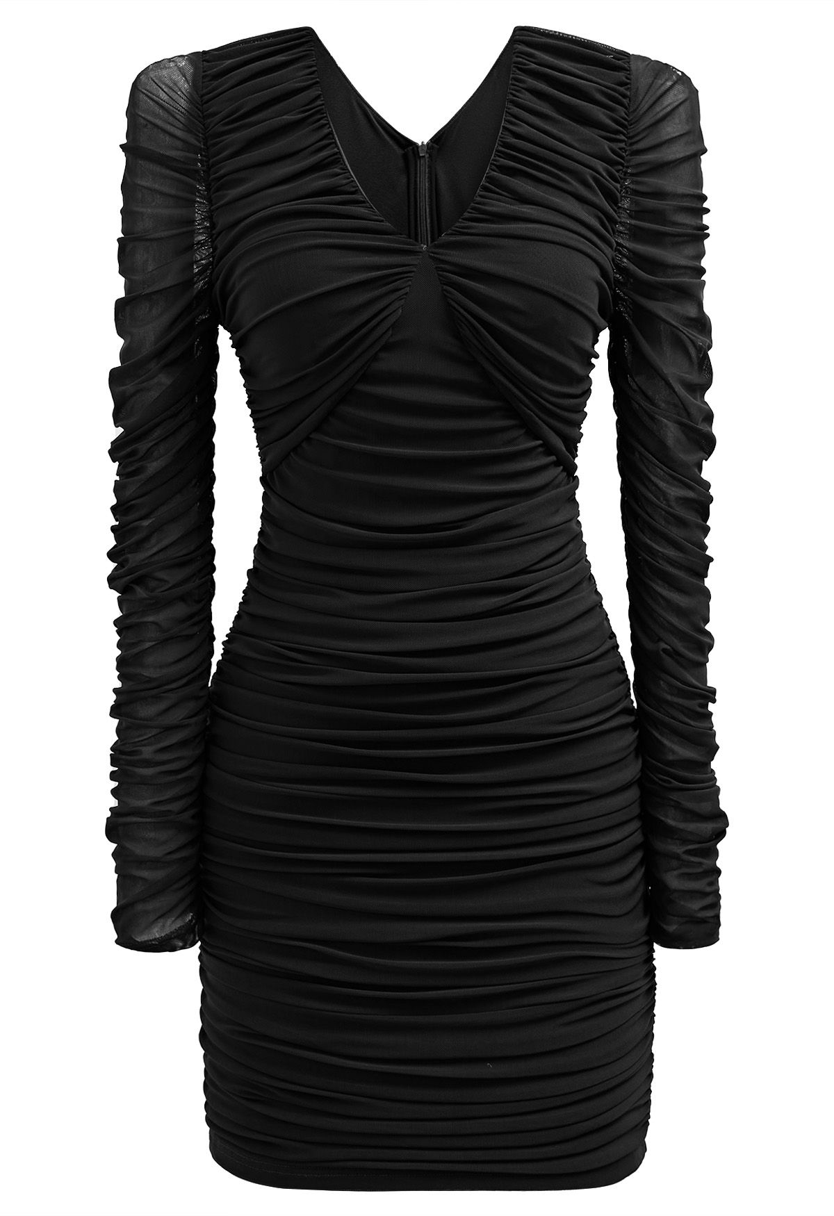 Illusion Black Ruched Sheer Sleeve Mini Dress