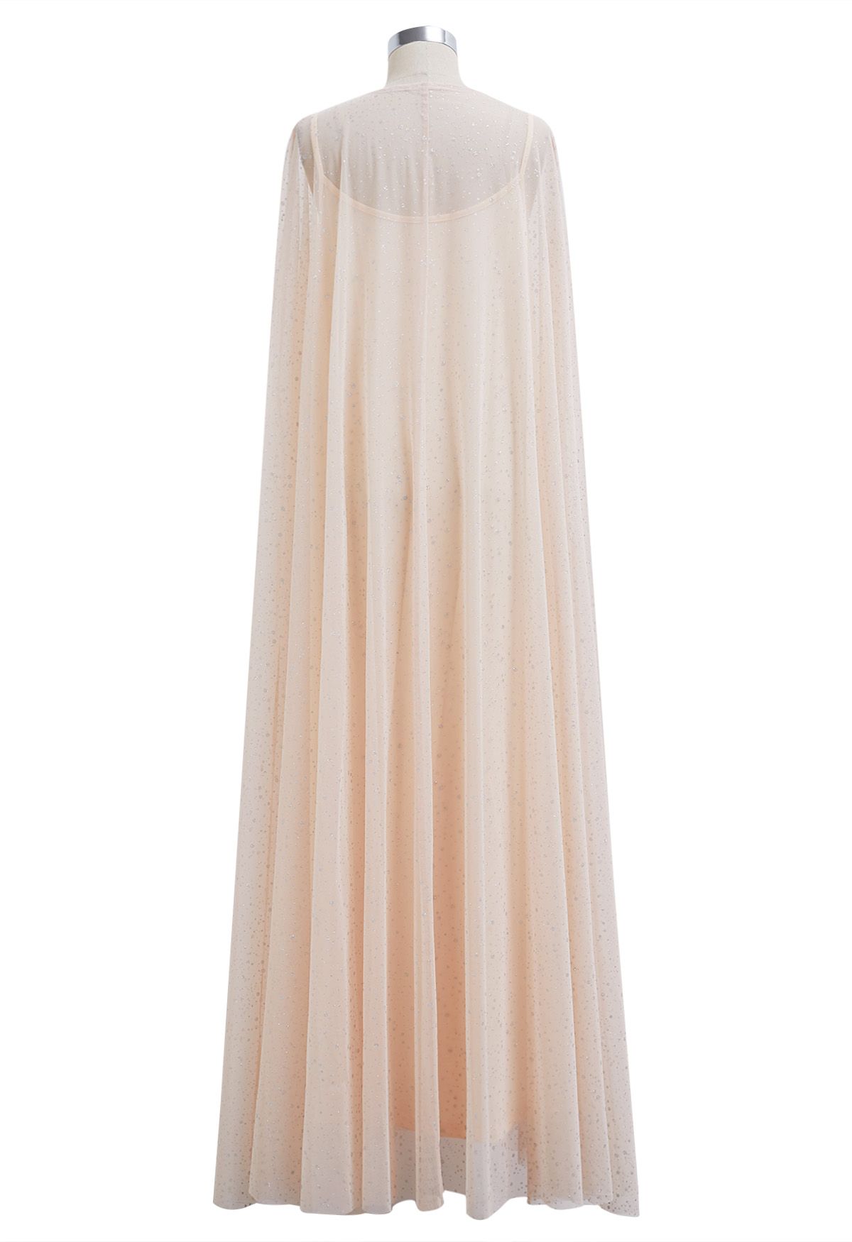 Glittery Mesh Maxi Cape Dress in Apricot