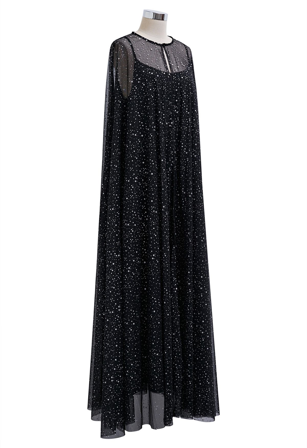 Glittery Mesh Maxi Cape Dress in Black